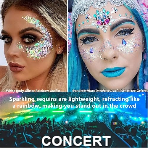 Miniatura 6 de Go Ho Juego de purpurina corporal plateada y blanca, maquillaje de gel con purpurina para conciertos de cantante, brillo holográfico de lentejuelas