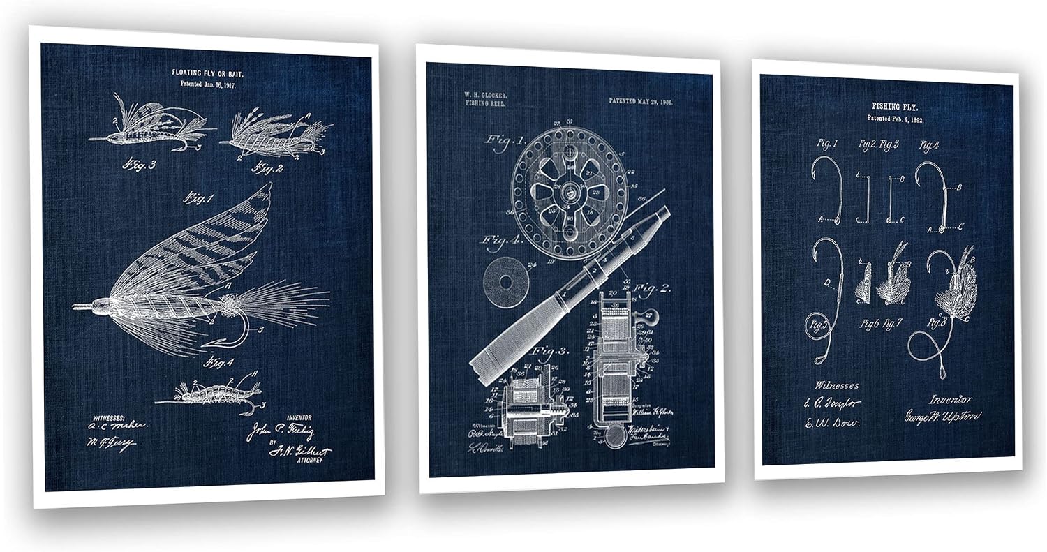Gnosis Picture Archive Fishing Lure and Reel Patent Art Prints Set of 3 Unframed Navy Blue Wall Decor