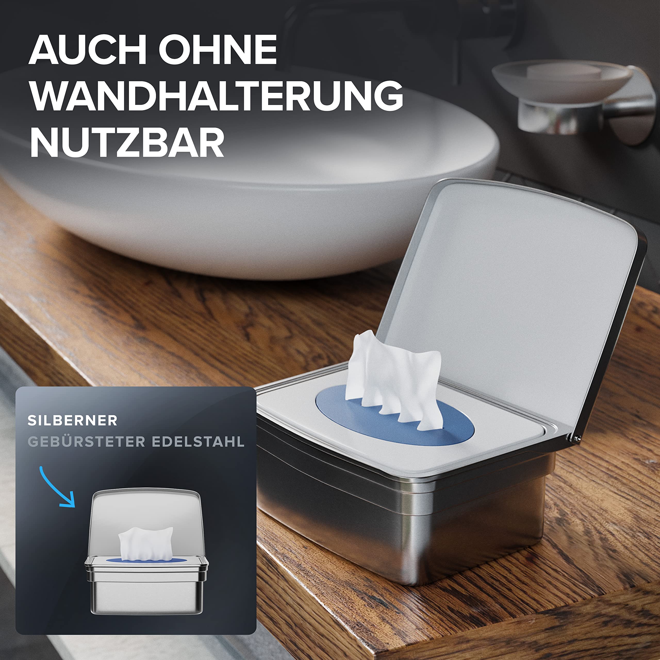ovimar Feuchttücher Box mit Deckel Egense | in edlem Silber poliertem Edelstahl | ohne Bohren | Damit Kosmetiktücher Dank der Feuchttücher Aufbewahrungsbox Immer frisch bleiben