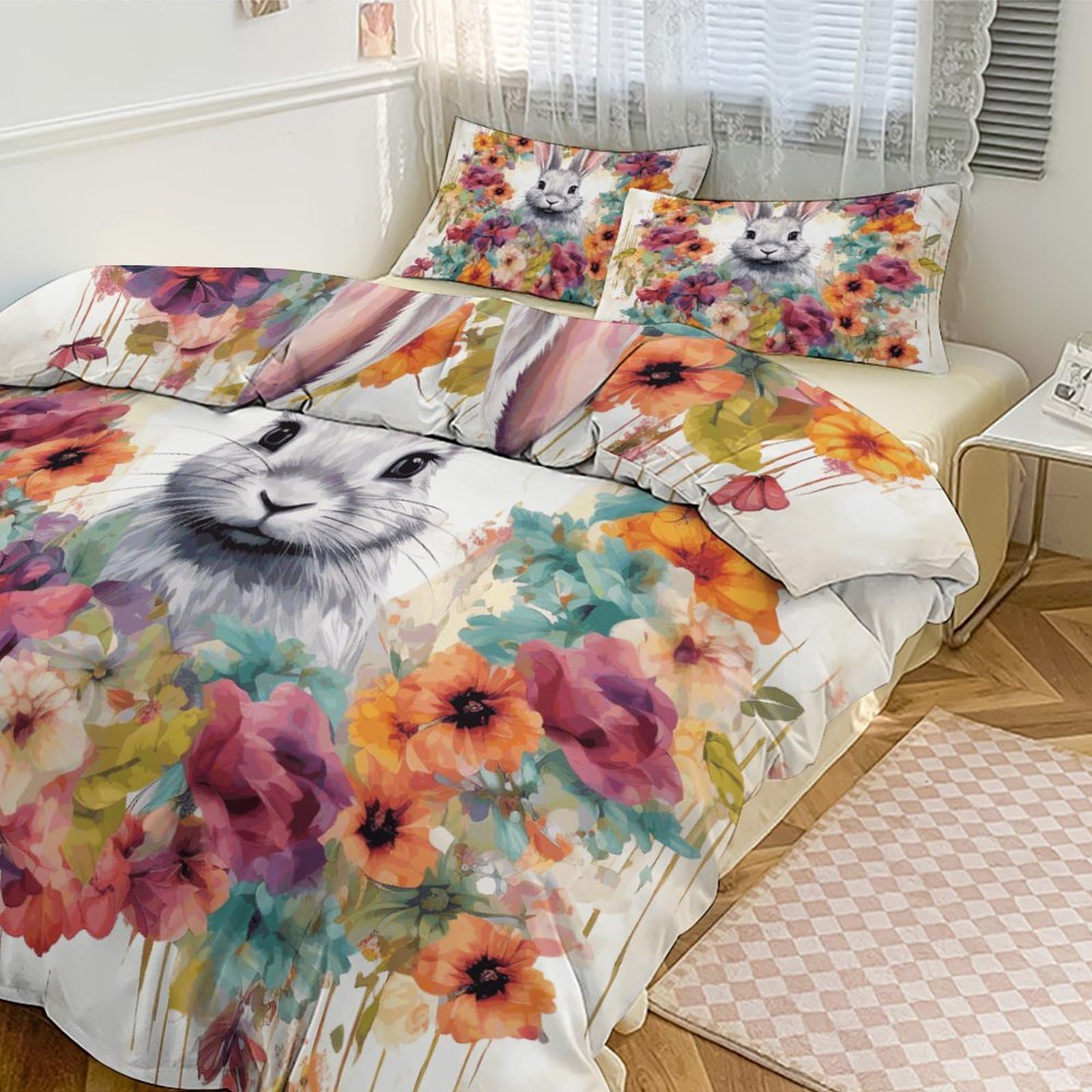 Housse de couette 200x228 lapin fleurs 2 taies d'oreiller parure lit 3pc