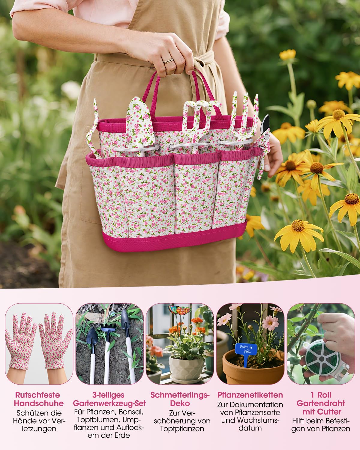 MYMULIKE Gartenwerkzeug Set, 26-teiliges Gartengeräte für Frauen, Garten Hand Werkzeuge mit Gummigriff und Oxford-Tasche, ideale Gartengeschenke für Frauen und Männer