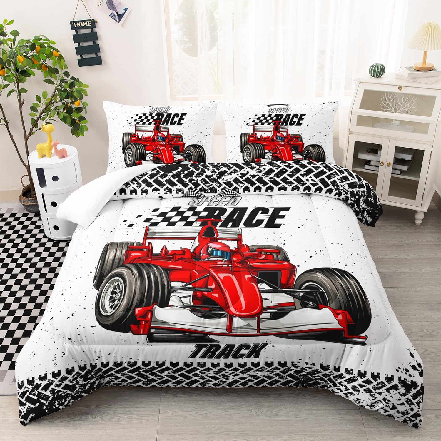 AILONEN Red Racing Car Comforter Set Full Size, Extreme Sports Theme Bedding Set Black White Grid for Kids Boys,Race Car Competition Bed in a Bag Soft Breathable,1 Quilt 2 Pillowcases,3 Pcs Racing Car-43 Full