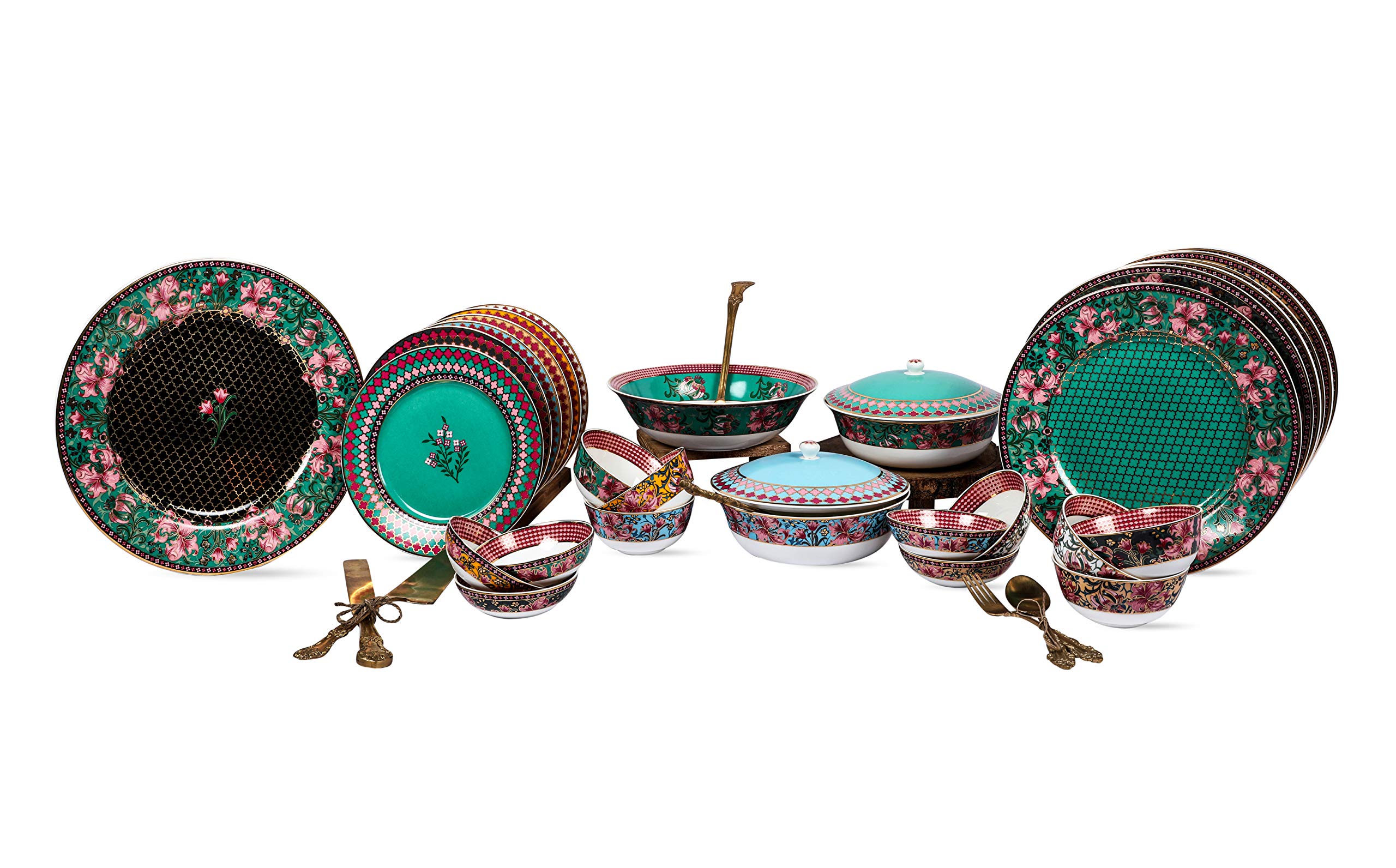 Vikas Khanna By Celeste Moksha Ceramic Dinner Set, Décor Settings, 24 K Gold Plated, Color- Green