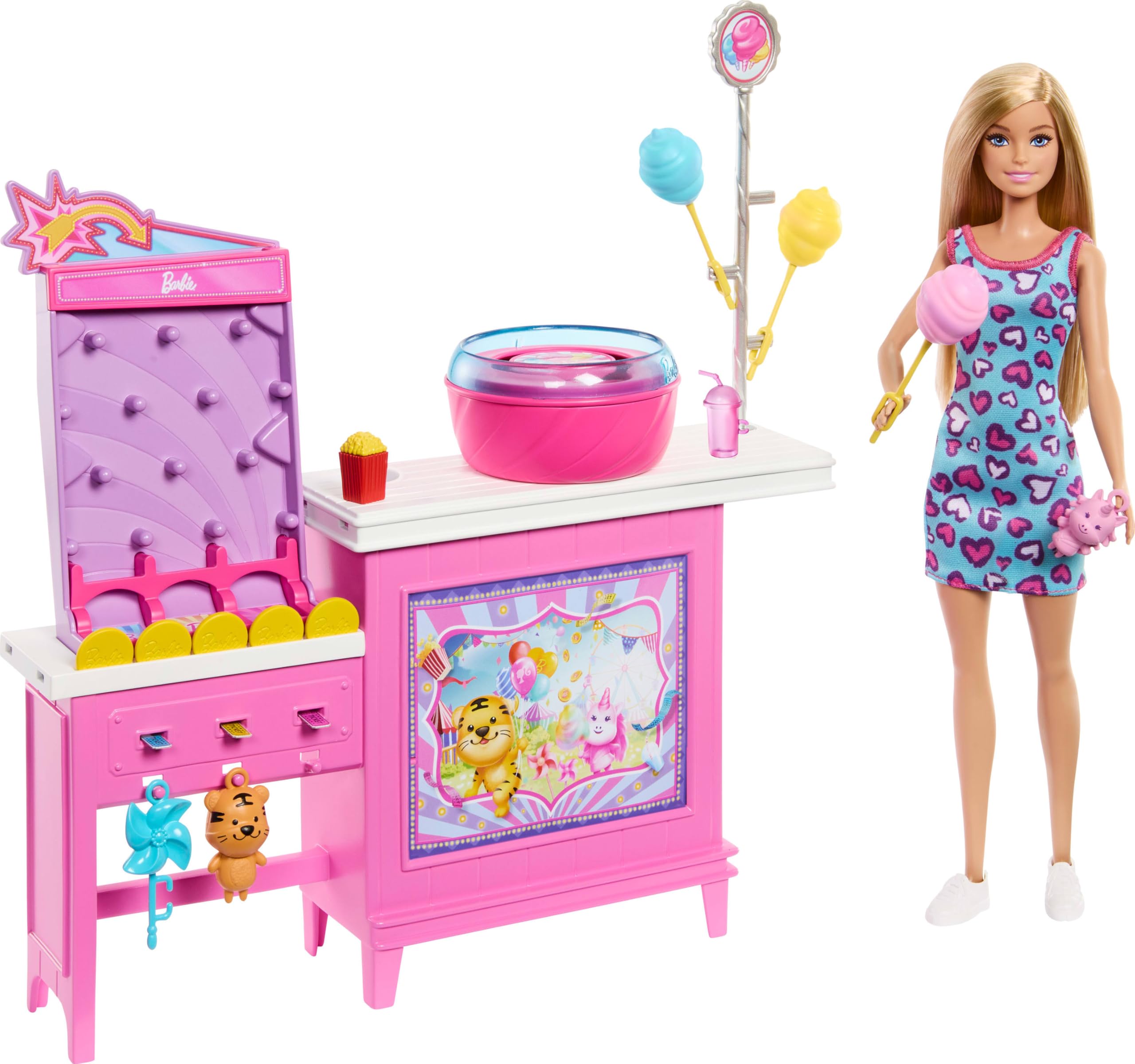 Barbie Mysteries: Beach Detectives Malibu” Doll & Cotton Candy Game Booth Playset with 20 Accessories Including Prizes