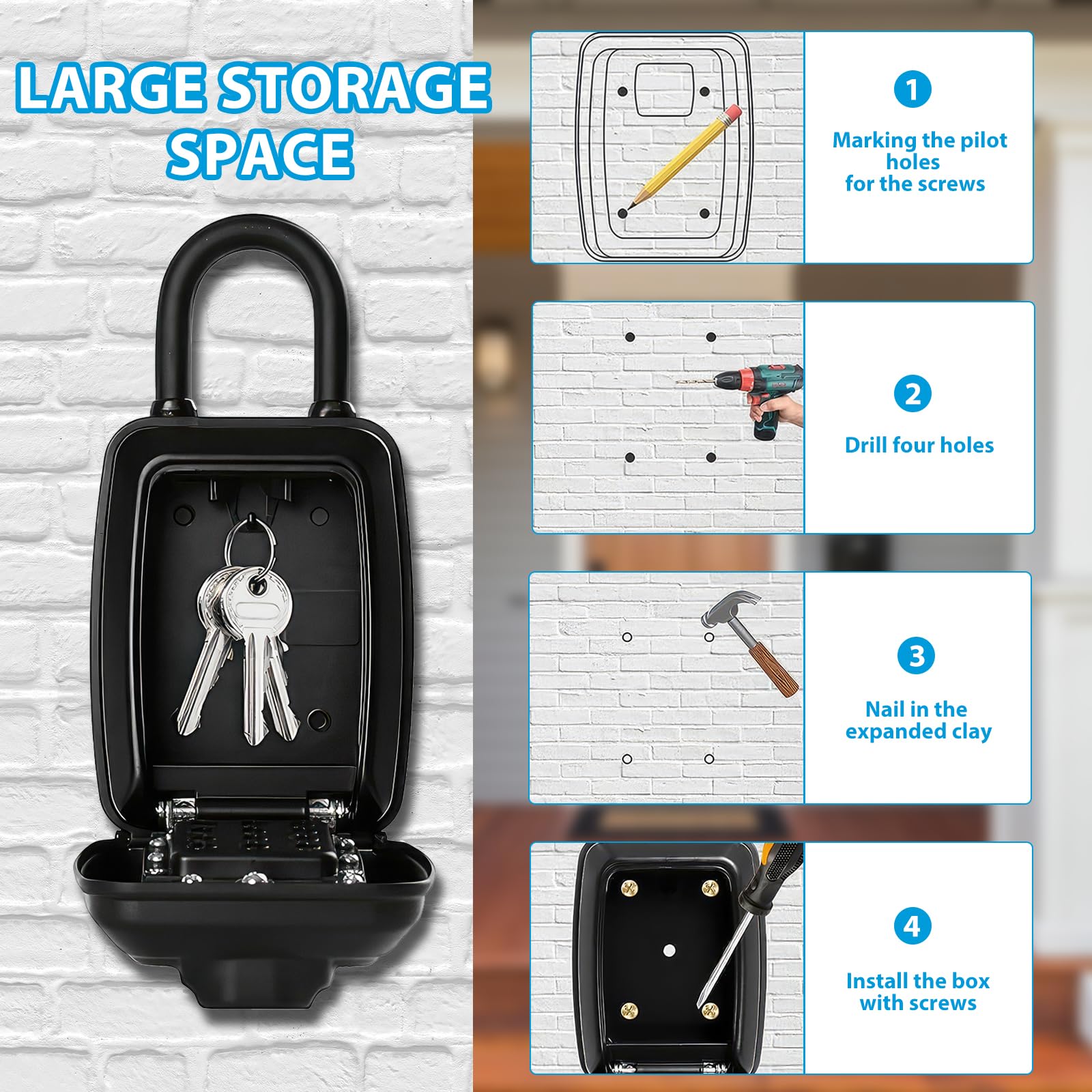 Key Safe Wall Mounted Police Approved,Large Capacity Outdoor Key Lock Box with Resettable 12-Digit Code - Image 3