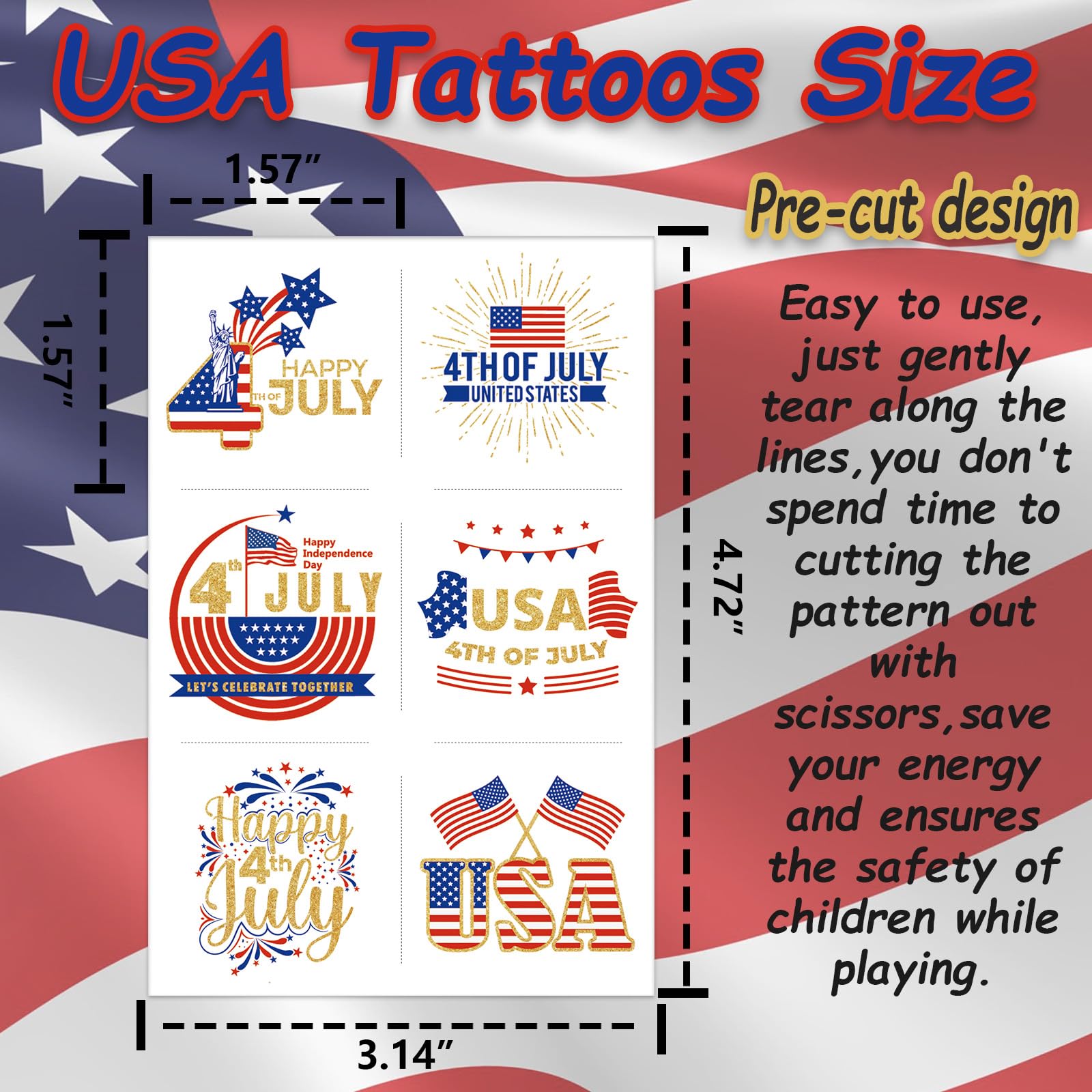 Lot de 180 tatouages temporaires du 4 juillet pour enfants – Drapeau américain patriotique rouge, blanc et bleu pour l'indépendance/commémoration/la fête du travail, accessoires de fête