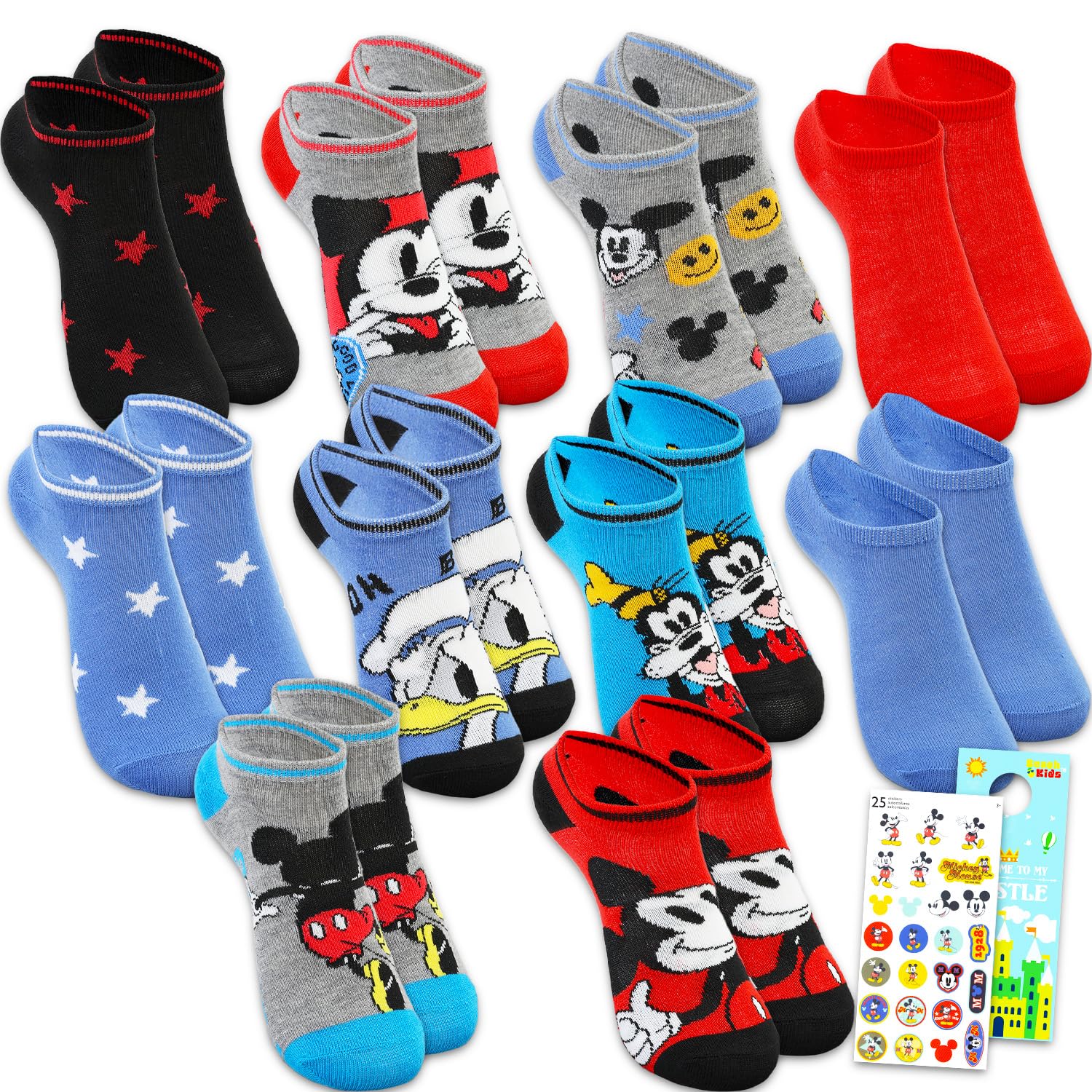 Micky-Maus-Socken für Jungen, Mädchen, Teenager, Disney Bekleidung für Kinder im Alter von 6–8 Jahren, Bündel mit 10 Paar Disney Socken, Größe 10–4, Kinder plus Aufkleber, Micky-Maus-Kleidung für