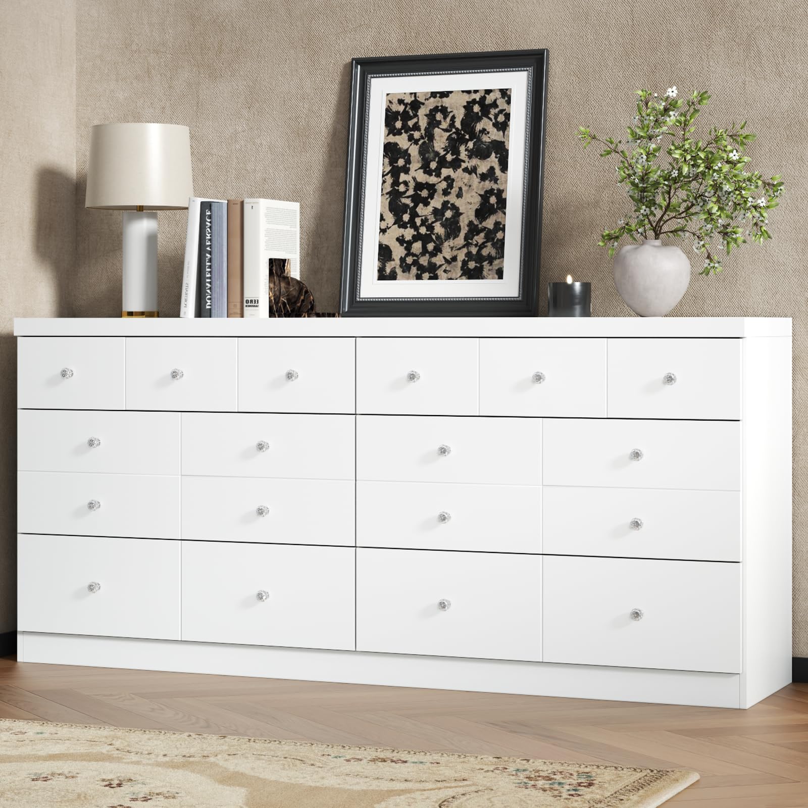 63'' White Long Dresser for Bedroom, Double Wide Dressers 6 Drawer Dresser with 14 Organized Compartment, Modern White Wood Dresser 6 Drawer with Glass Handle, Extra Large Chest of Drawers for
