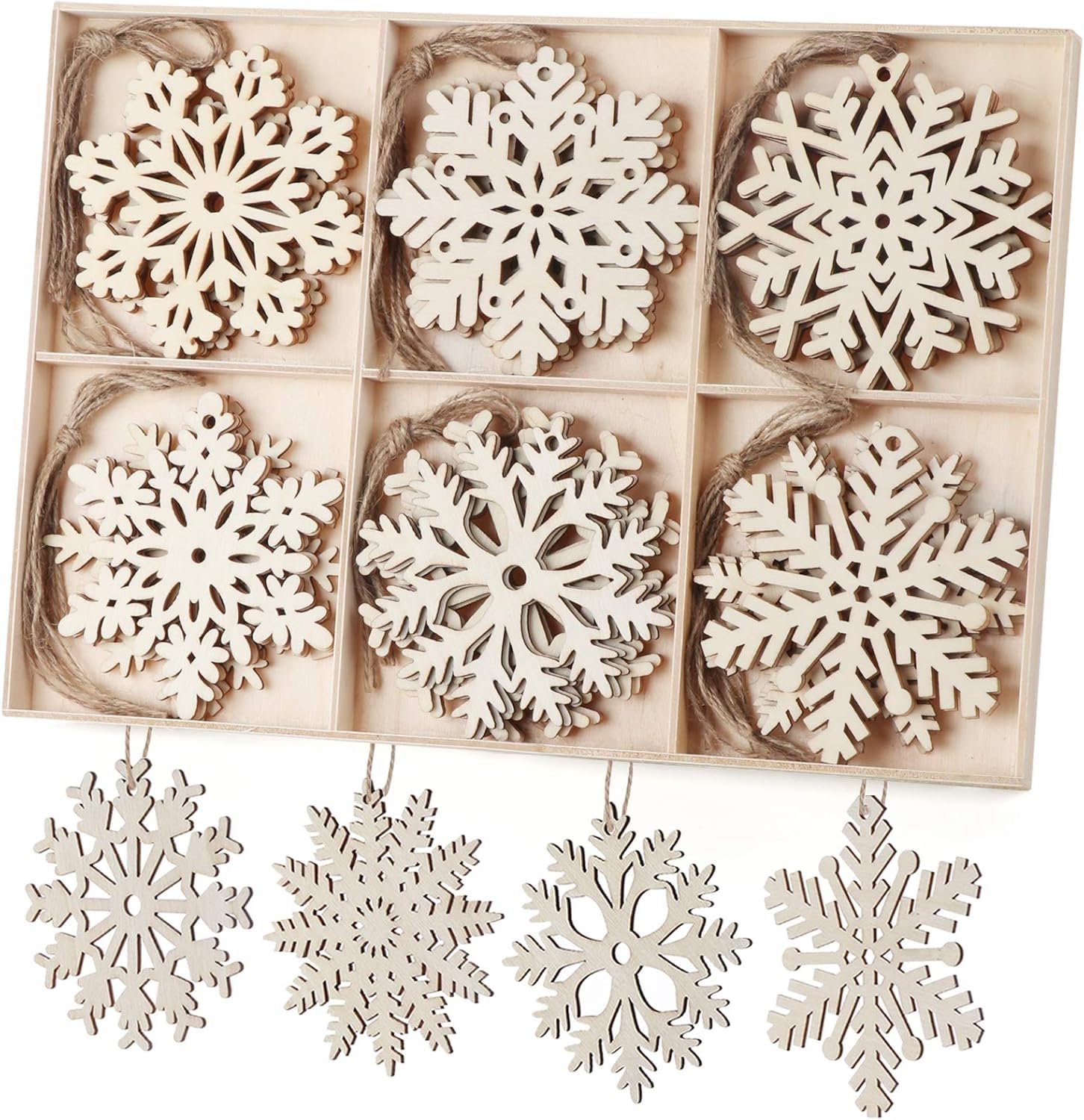 ilauke 30 Copos de Nieve de Madera, 10 Estilos Ahuecados Con Cuerda, Manualidades Adornos Colgantes para Árbol y Decoración de Navidad de Bricolaje