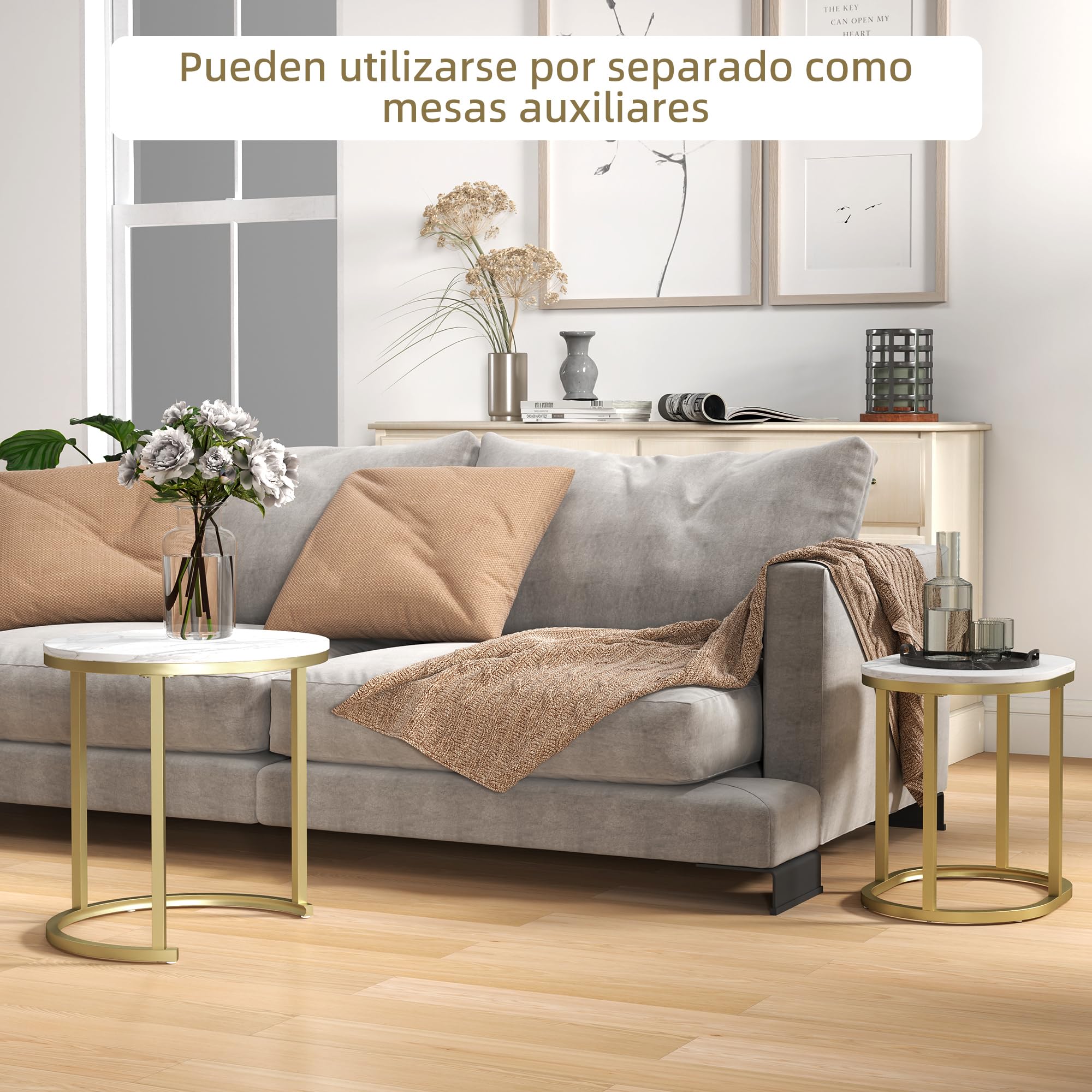 HOMCOM Juego de 2 Mesas de Centro, Mesa Nido Moderna, Mesitas Auxiliares, Tablero con Efecto Mármol, Marco de Acero, para Salón, Dormitorio, Dorado