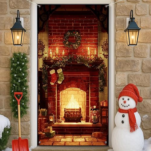 Miniatura 6 de Acogedora cubierta de puerta de chimenea, decoración rústica de hogar festivo para decoración de interiores y exteriores, 36 x 72 pulgadas