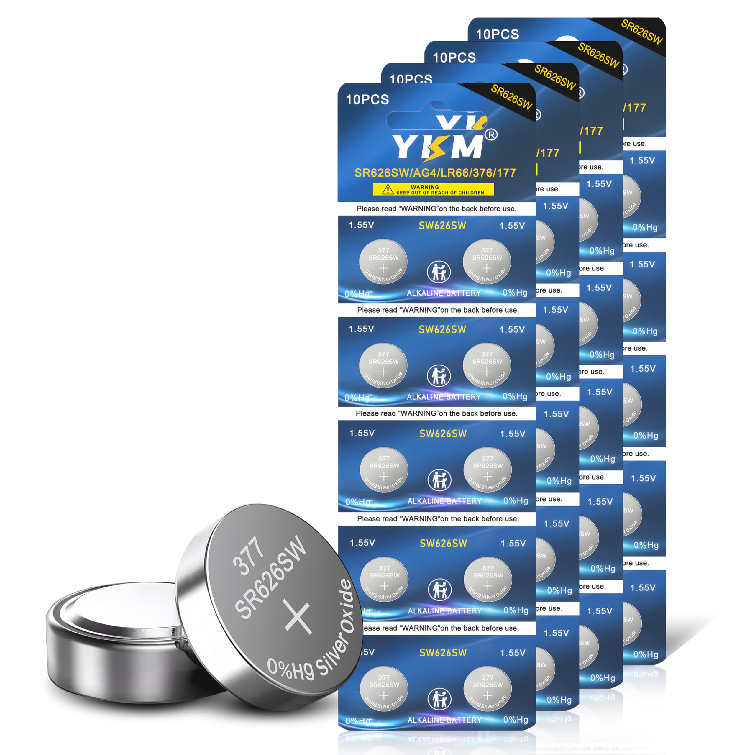 YKM 40 Pack 377 SR626SW Watch Batteries LR626 376 V377 377a AG4 1.55V Silver Oxide Battery for Calculator Watch Clock Laser Button Battery