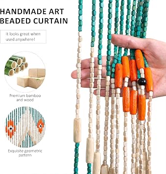 BECHAEO Beaded Curtain for Doorway Handmade Bamboo Wooden Door Beads Hanging Room Divider Hippie Curtain for Hallway Window Boho Rustic Home Store Decor, 35.5 x 75 Inches Green