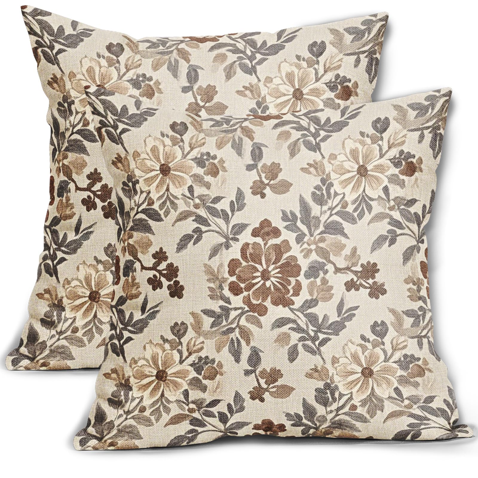 Brown Vintage Floral Pillow Covers 20x20 Inch Set of 2, Grey Gray Antique Flower Block Print Pattern Decorative Throw Pillowcases Outdoor Farmhouse