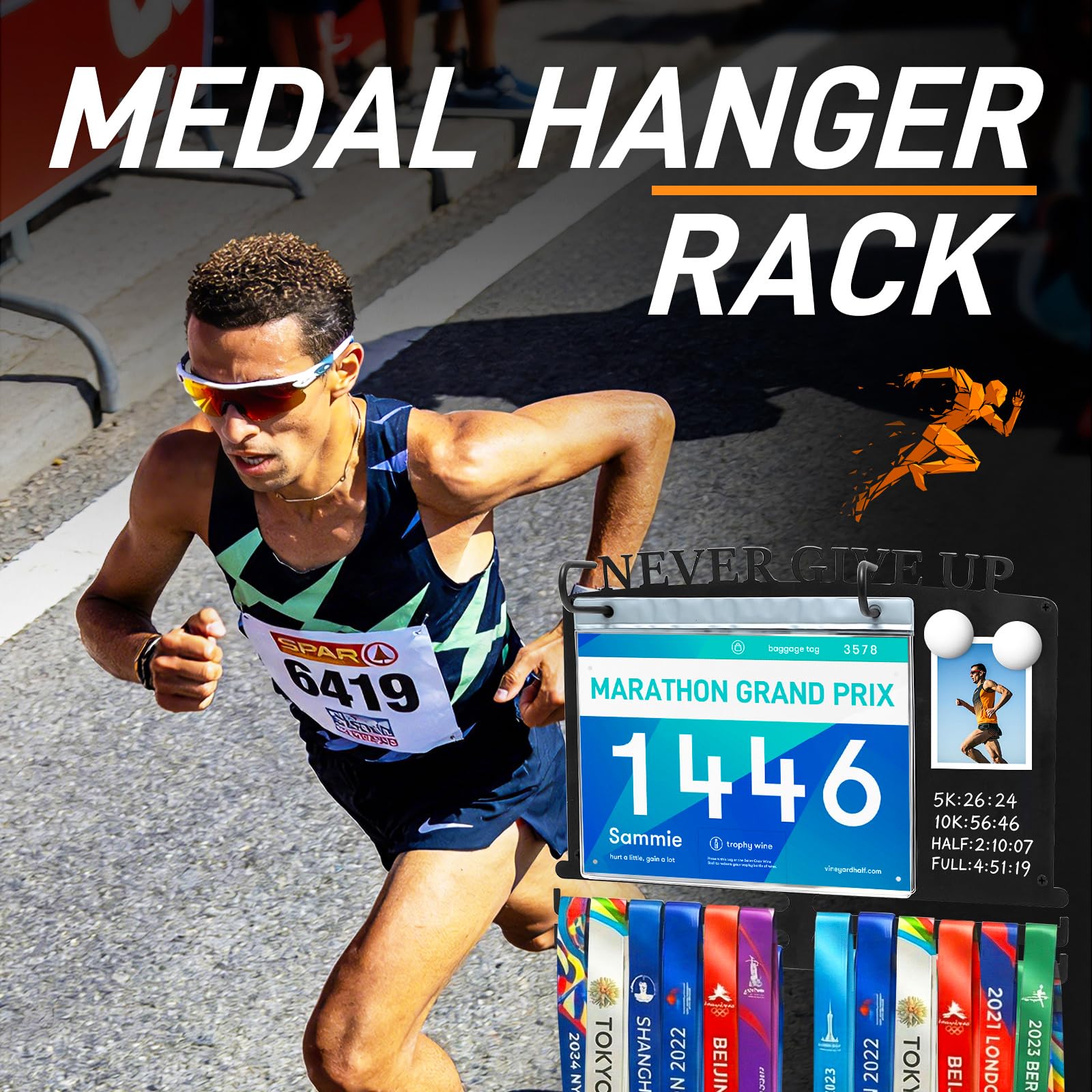 Medaillenhalter, Medaillenaufbewahrung mit 10 Startnummern, Aufhänger Edelstahl für 50+ Medaillen, Marathon Medal Hanger Laufen Regal für Sportler