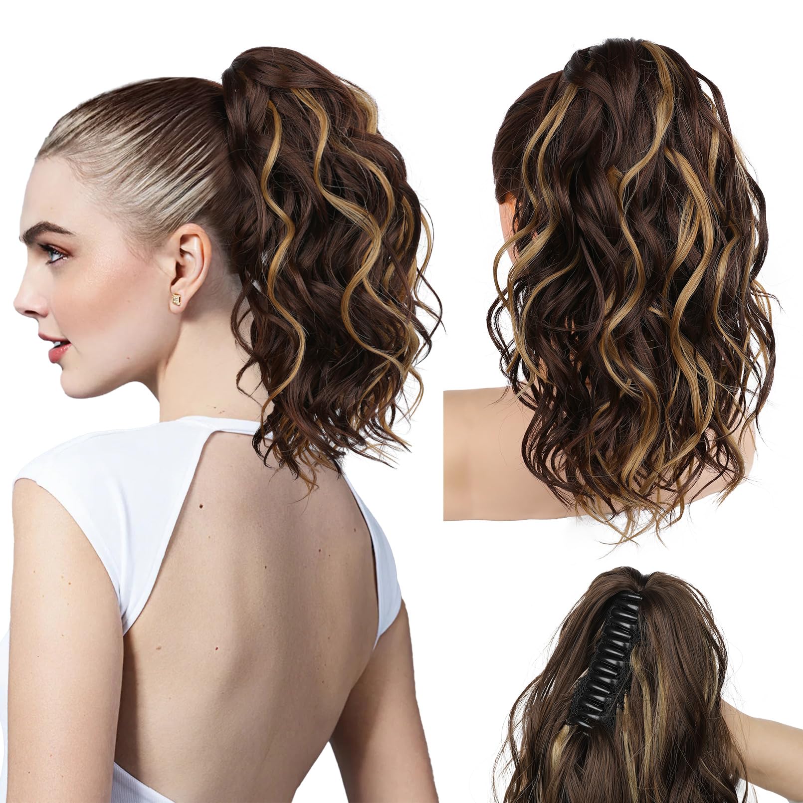 Photo 1 of REECHO Ponytail Extension, 12" Claw Clip Ponytail Extension Short Ponytails Hair Extensions Jaw Clip on Pony Tails Natural Synthetic Hairpiece for Women Daily, Dark Brown with Highlights