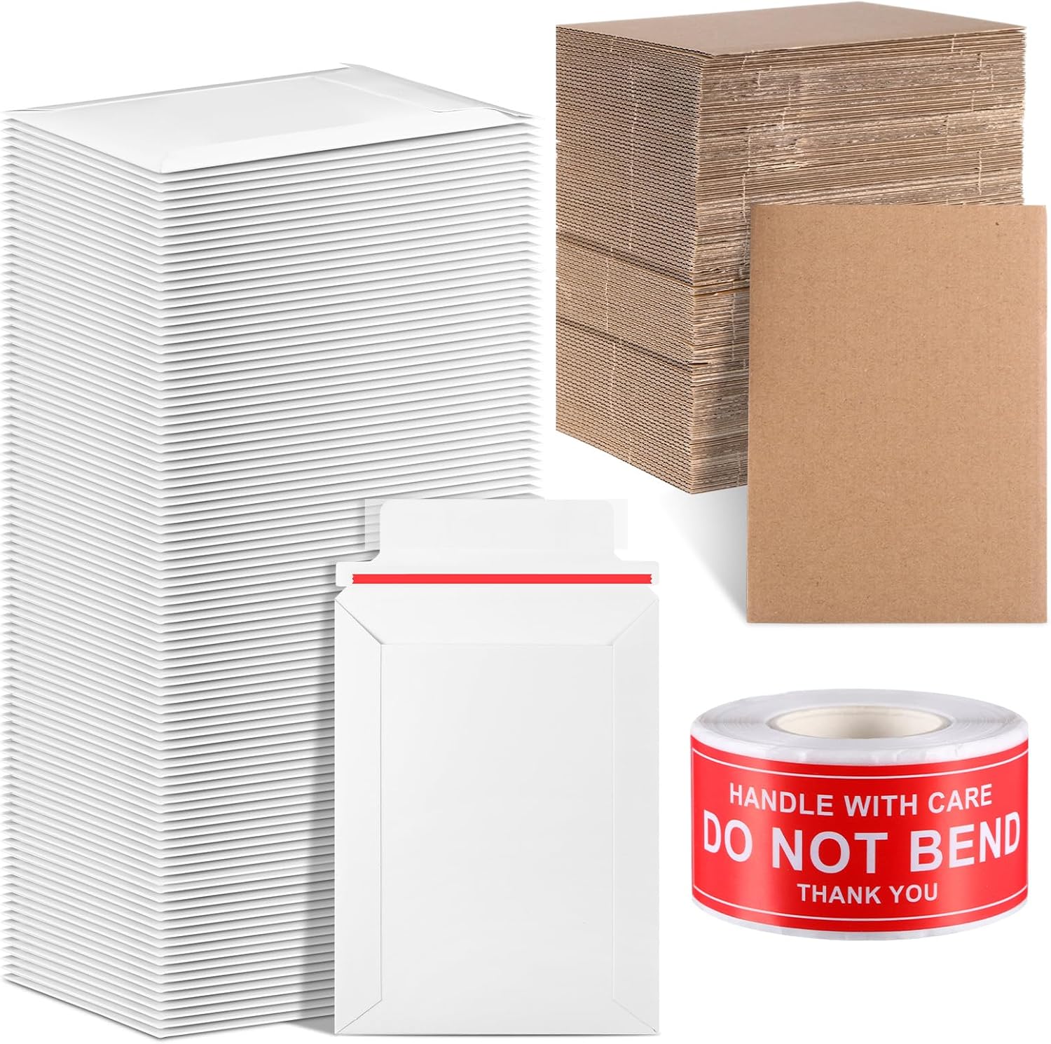 Honoson 201 Pcs Trading Card Shipping Protector Set Included 100 Pcs 7" x 5.1" Trading Card Mailing Envelopes 100 Thick Corrugated Cardboard Sheets and Stickers for Mailing Cards Protector Supplies