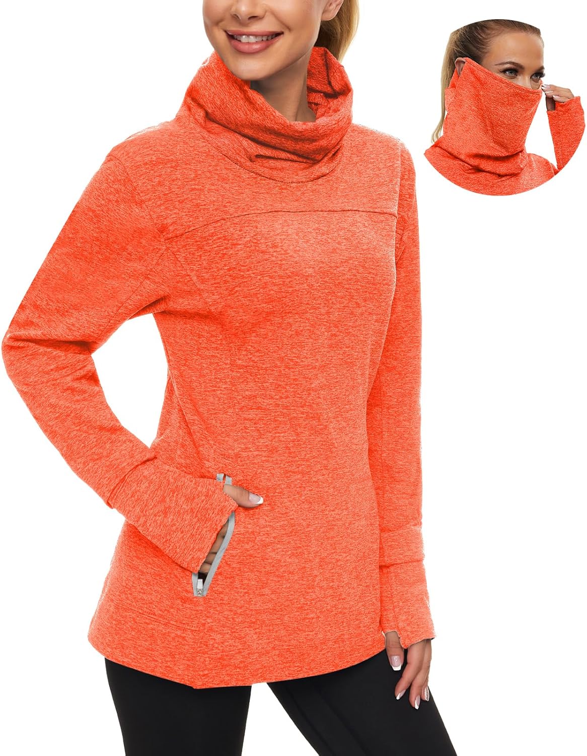 Soneven Women's Running Fleece Sweatshirts Cowl Neck Thermal Pullover Long Sleeve Shirt with Pocket and Neck Gaiter Face Mask