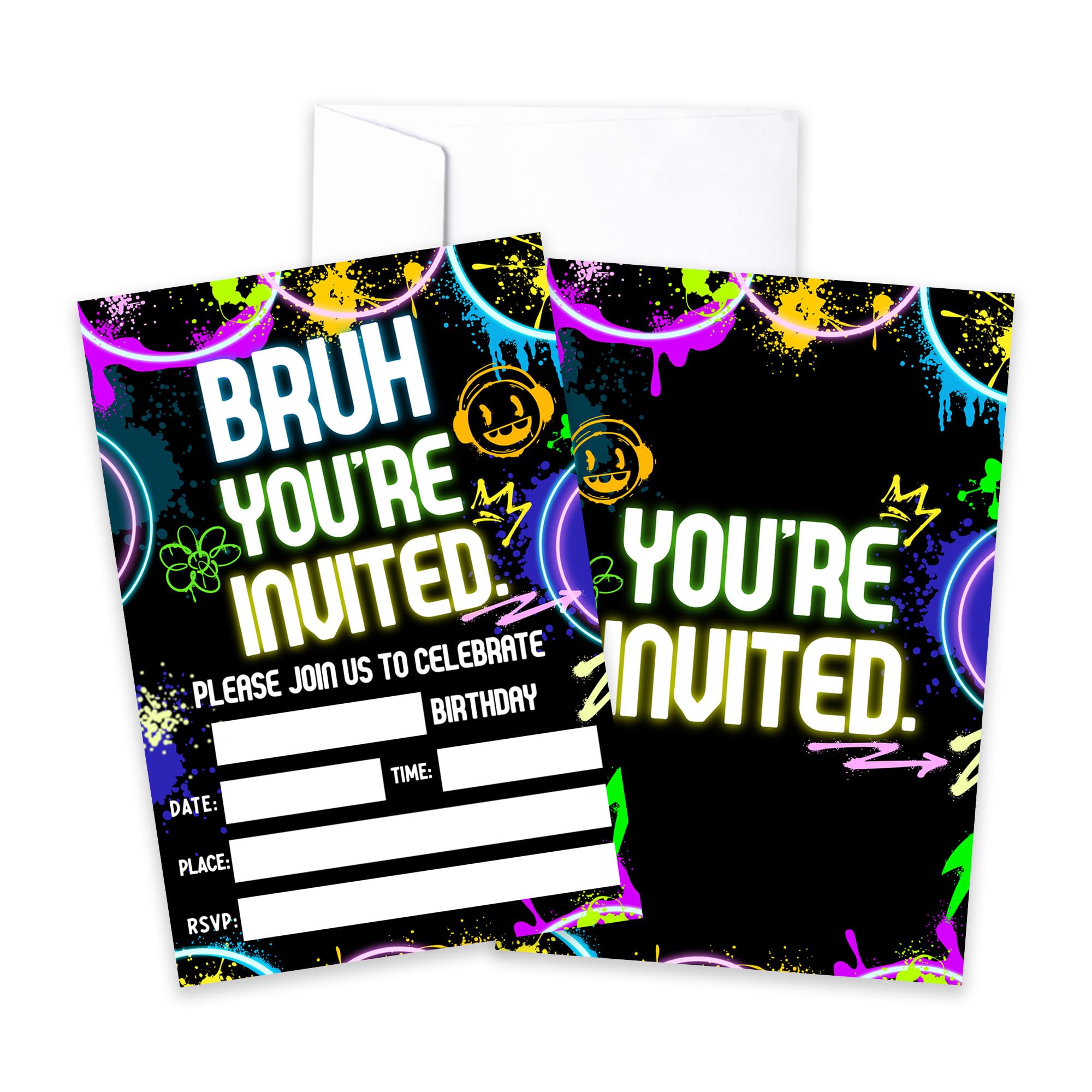 CLIRBE Bruh Birthday Party Invitations, Glow Neon Invited Birthday Invitations For Brother Bro Teen Boys, 20 Invites Cards With 20 Envelopes, Party Supplies Favors -H02