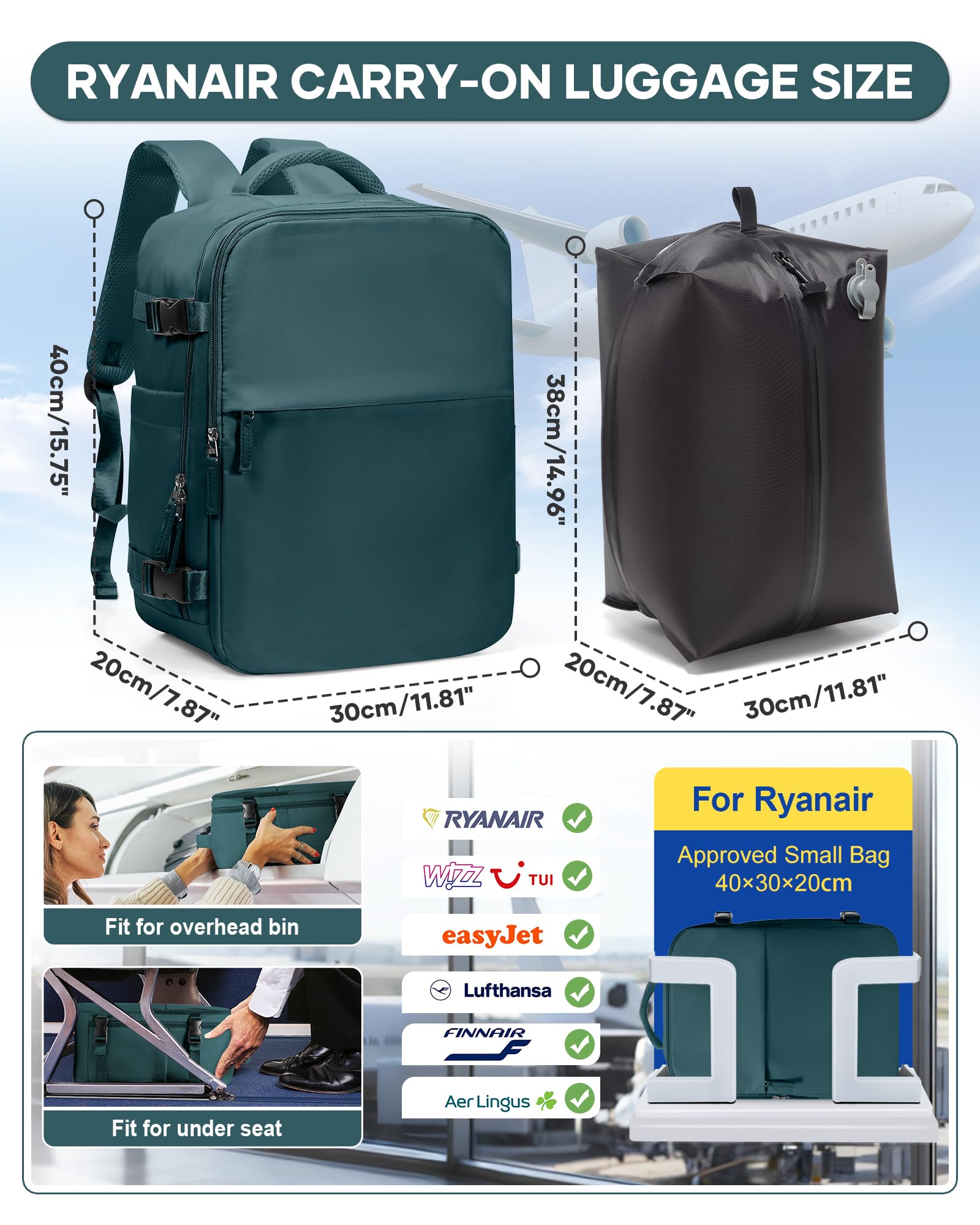 BJLFS Zaino da Viaggio con Sottovuoto Ryanair 40x30x20 Wizzair Bagaglio a mano 40x20x25 Ryanair con Pompa Borse da Cabina per Easyjet 45x36x20 con compressione sottovuoto,Zaino Casual per Laptop