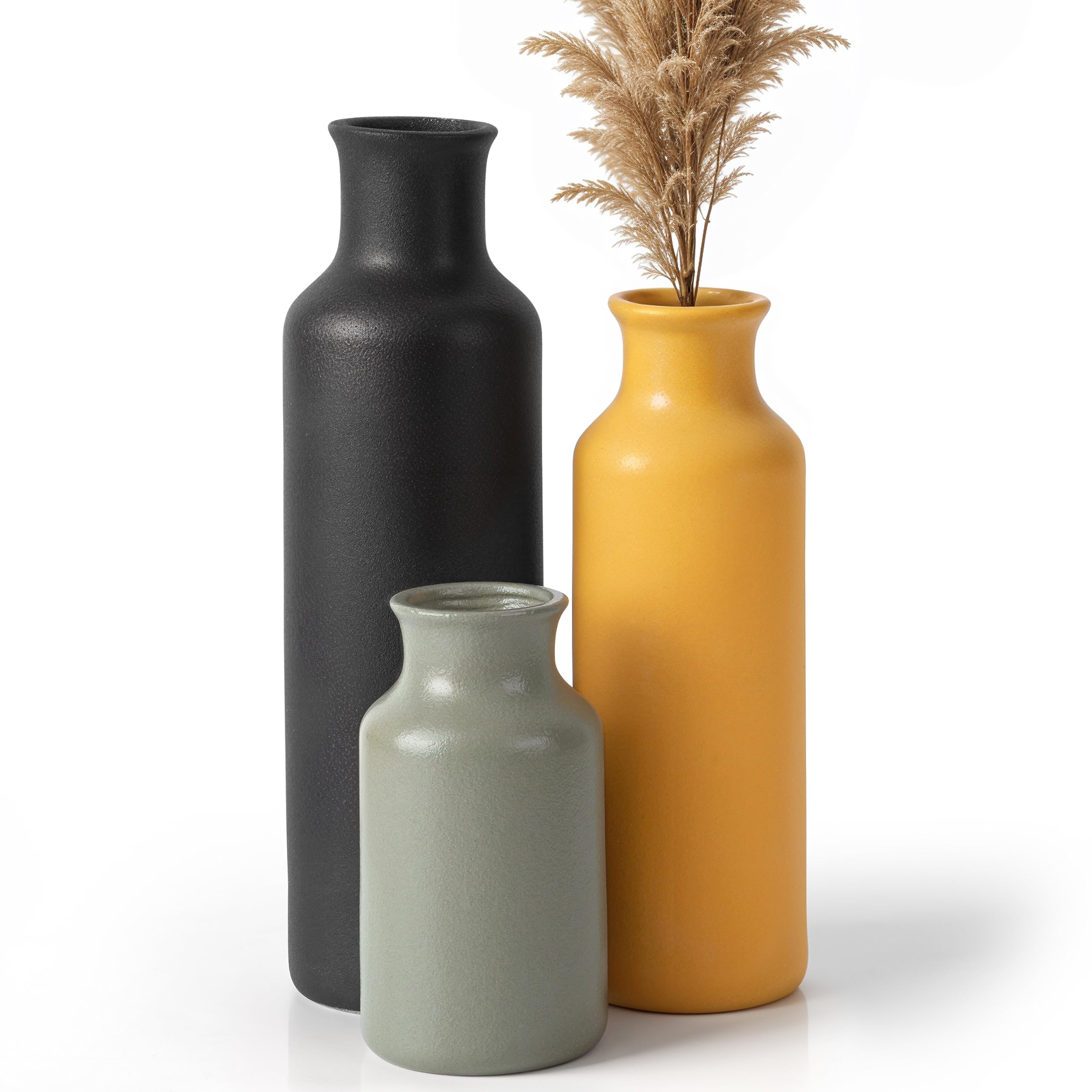 Winter Shore Juego Jarron Ceramica (Pack de 3) - Jarrones Flores Decorativos Varios Tamaños para Cocina, Baño, Salón - Jarrones Rústicos para Mesas, Estanterías, Repisas - Gris, Amarillo, Negro