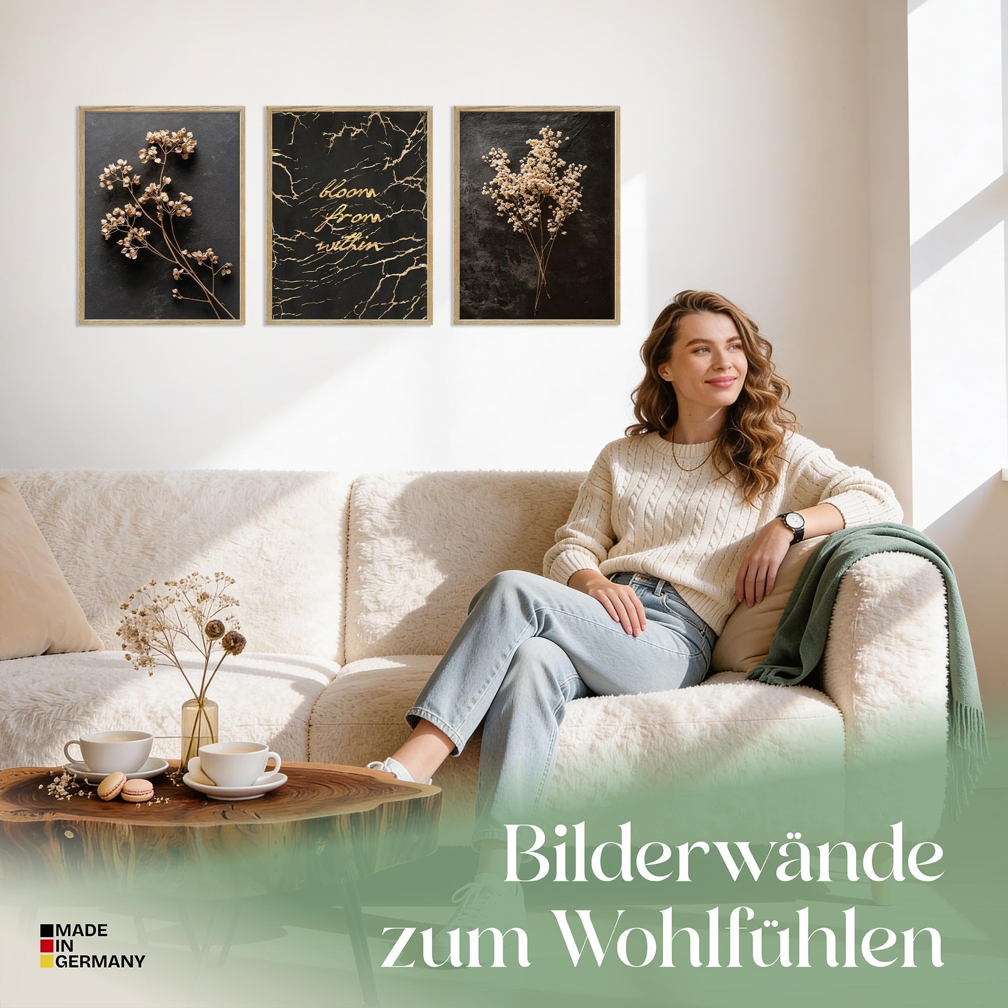 ARTFAVES® Poster Set - Dark Flowers 1-3-teilige Bildercollage Wohnzimmer, Schlafzimmer - moderne Wandbilder Trockenblumen, schwarz-beige, Blumen, elegant - 30x40 cm - mit Rahmen Eiche