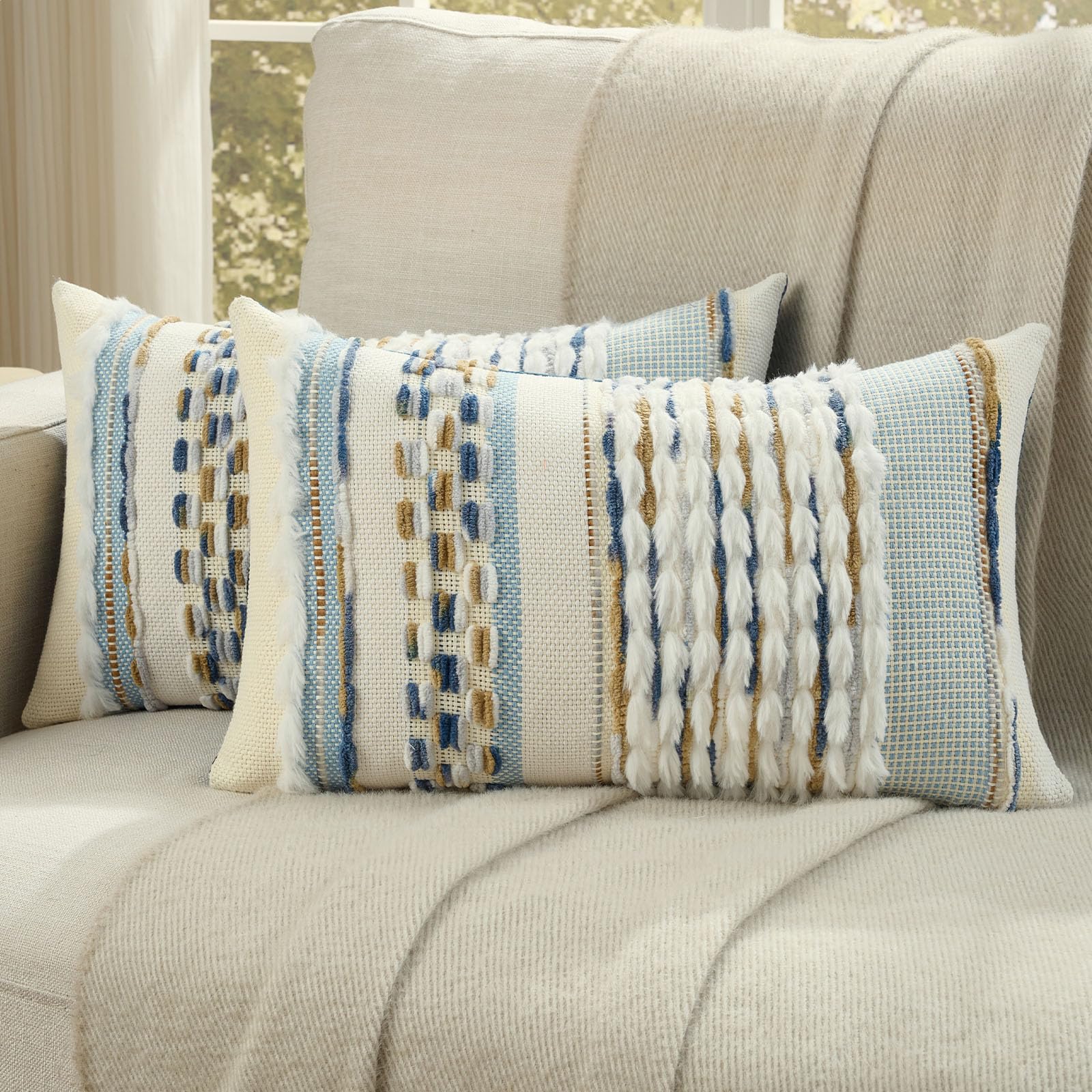 FUTEI Set of 2 Chenille Tufted Cushion Covers 30x50 cm,Navy+Brown