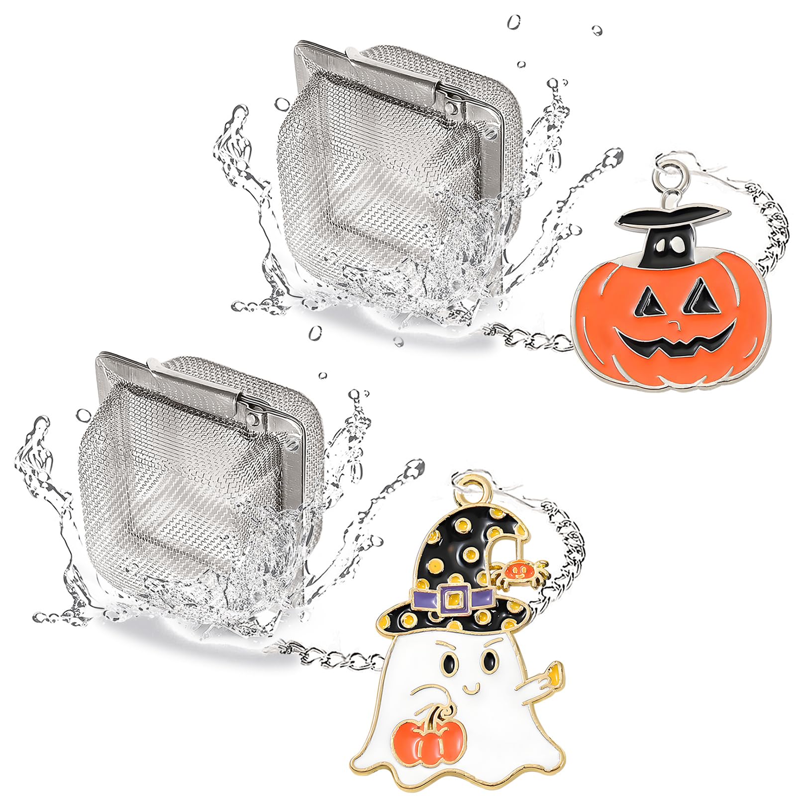 PUSCOBSY Cube Tea Infuser Set, 2 PCS Tea Strainers for Loose Tea, Halloween Theme Charm Pendant Tea Steeper, Tea Ball with Pumpkin & Ghost Pendant