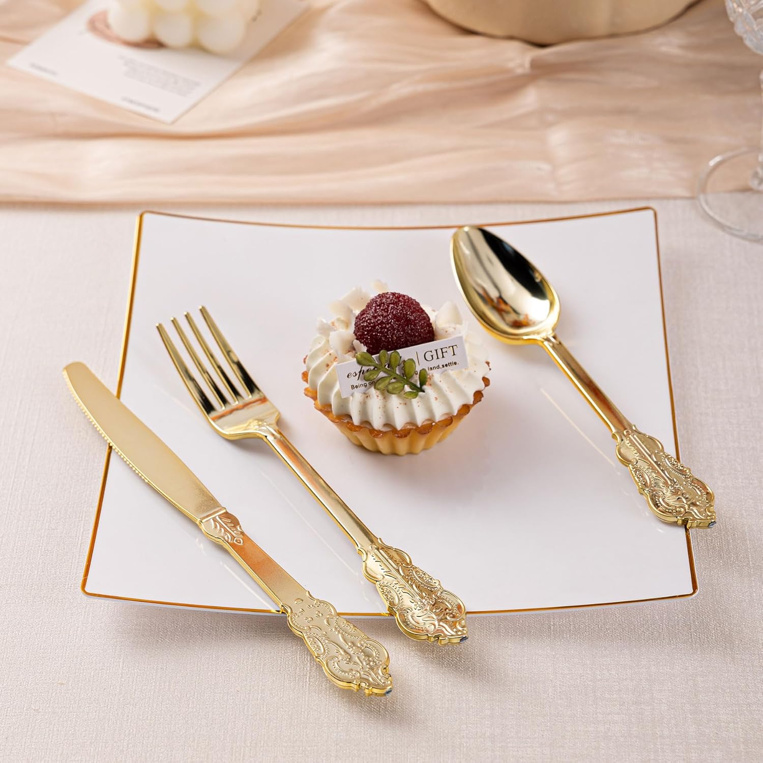 HOMIP 160PCS Gold Plastic Silverware Set Disposable Utensils -Include 80 Forks,40 Knives,40 Spoons -Heavyduty Cutlery Set for Vintage Wedding Party and Daily Use - Image 5