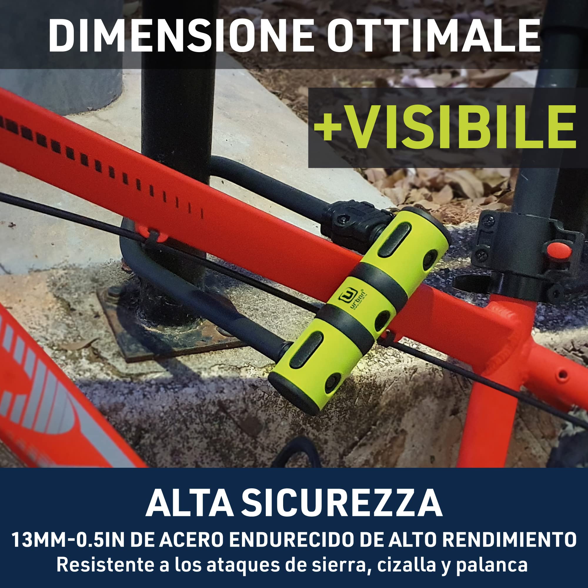URBAN UR85150B Lucchetto a U Bici Alta Resistenza, Leggero + Cavo Più Sicuro e Pratico, Forcella ø13 Acciaio Indurito con Doppio Blocco, Supporto per Trasporto Facile, Antifurto per Bici e Monopattino
