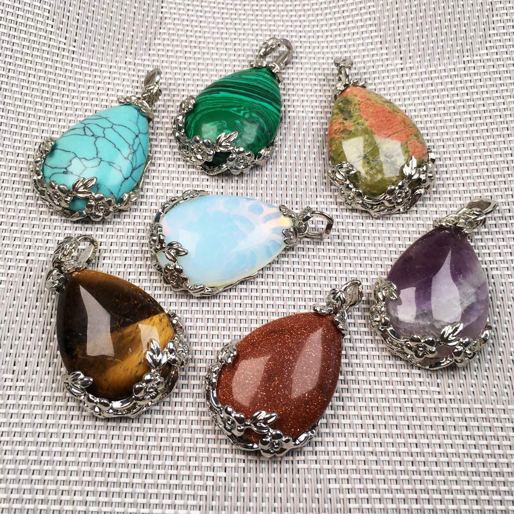 Colgantes de piedra natural, colgantes en forma de gota de agua, dijes de piedra para hacer joyas DIY, 5 unidades, Plata Piedra Ágata, Ágata 2