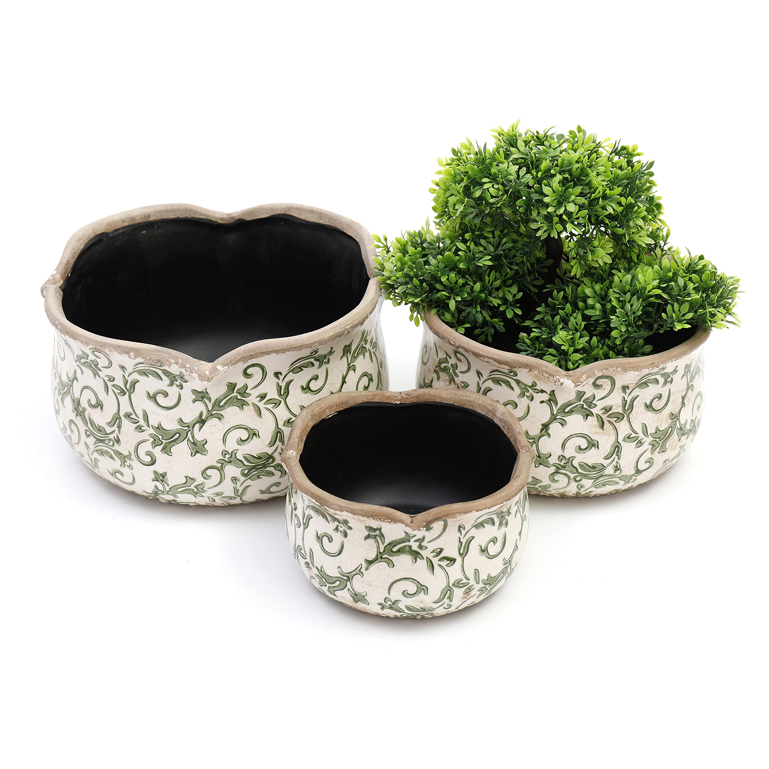 Annibells Green Vintage Cream Ceramic Round Floral Scalloped Planter Plant Flower Pot (Set Of 3)
