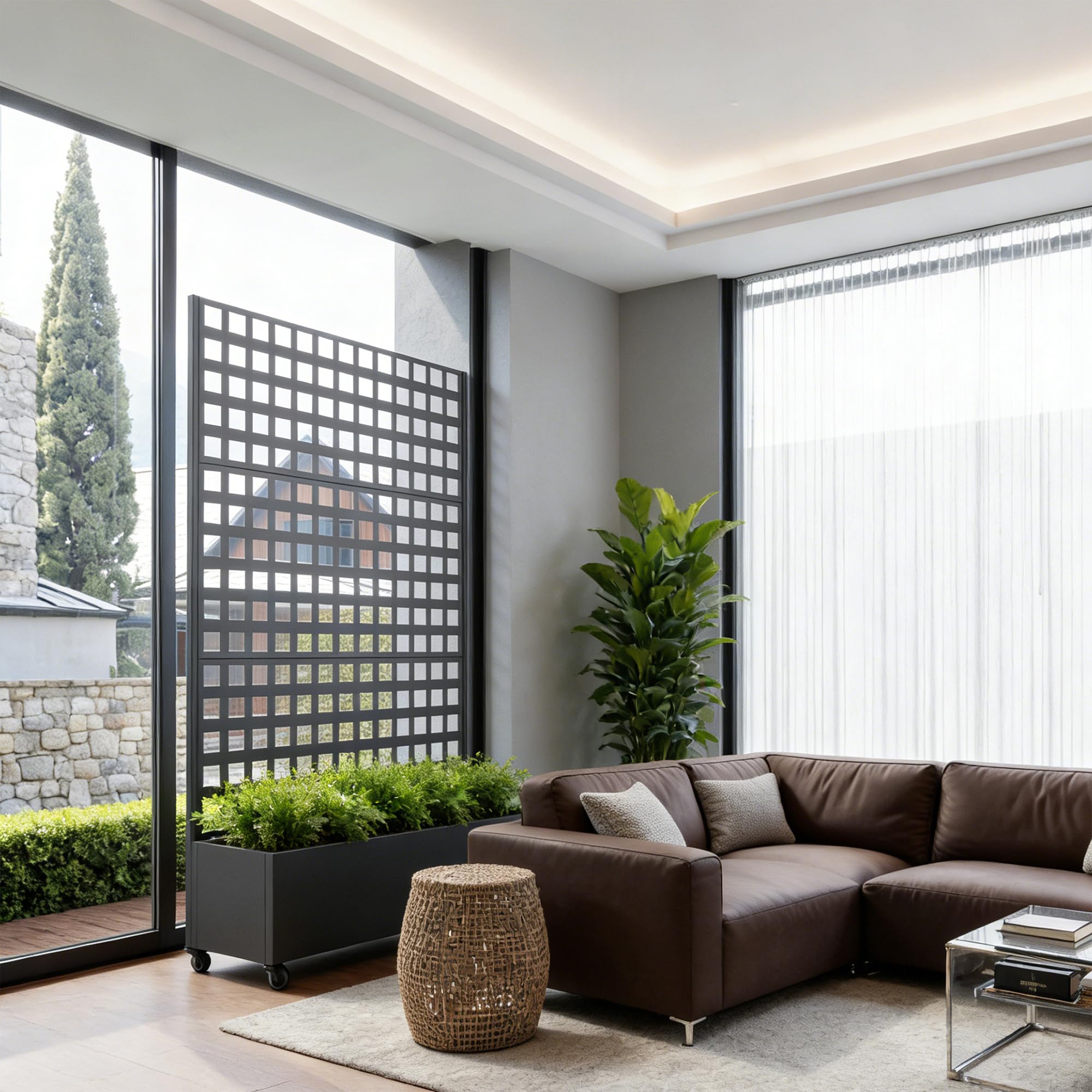 casa.pro Fioriera con Spalliera Portapiante Mobile con Pannello Grigliato Graticolato Parete Divisorio a 4 Rotelle da Interno e Esterno Separatore da Terrazza 190 x 82 x 38 cm Acciaio - Nero