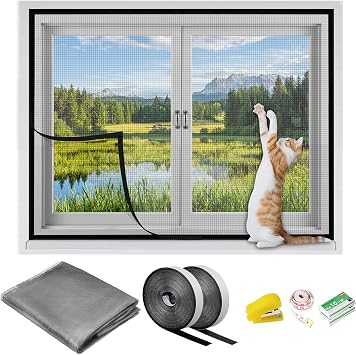 Adjustable DIY Self Adhesive Window Screen 36x55 Inch, Removable Fibreglass Screen Mesh Netting with Hook and Loop Tape, Fitted to Most Windows for Anti Bugs Mosquito Anti Pet Scratch Grey, 1 Set
