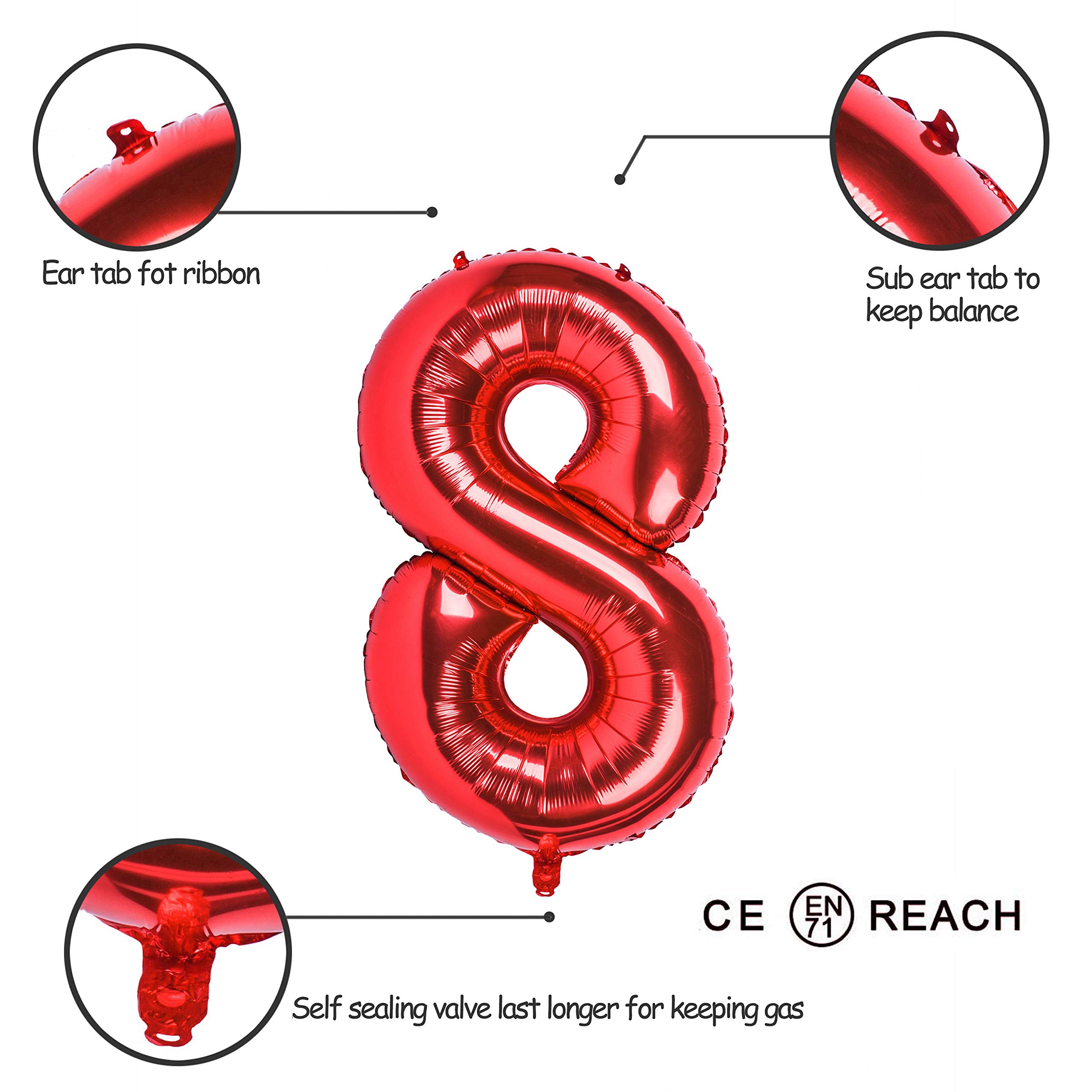 Red 0 balloon 40 Inch Giant Helium Foil Number 0 to 9 Red Balloon Birthday Wedding Party Digital Decorations (Number 0) — view 360