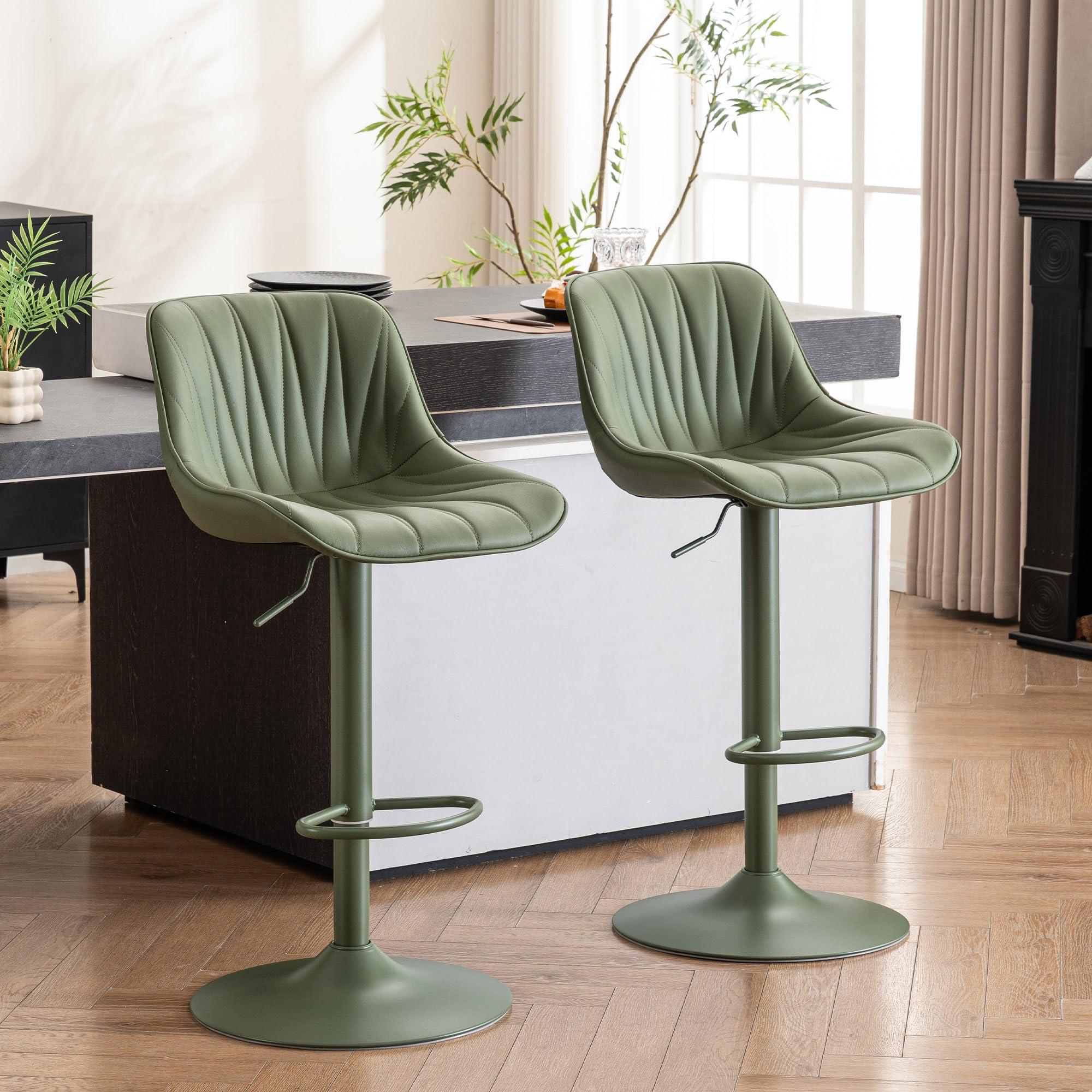 YOUNIKE Bar Stools Set of 2, Modern Upholstered Faux Leather Barstools with Back, Swivel Tall Adjustable Counter Height Bar Chairs, Entirely Bean Green