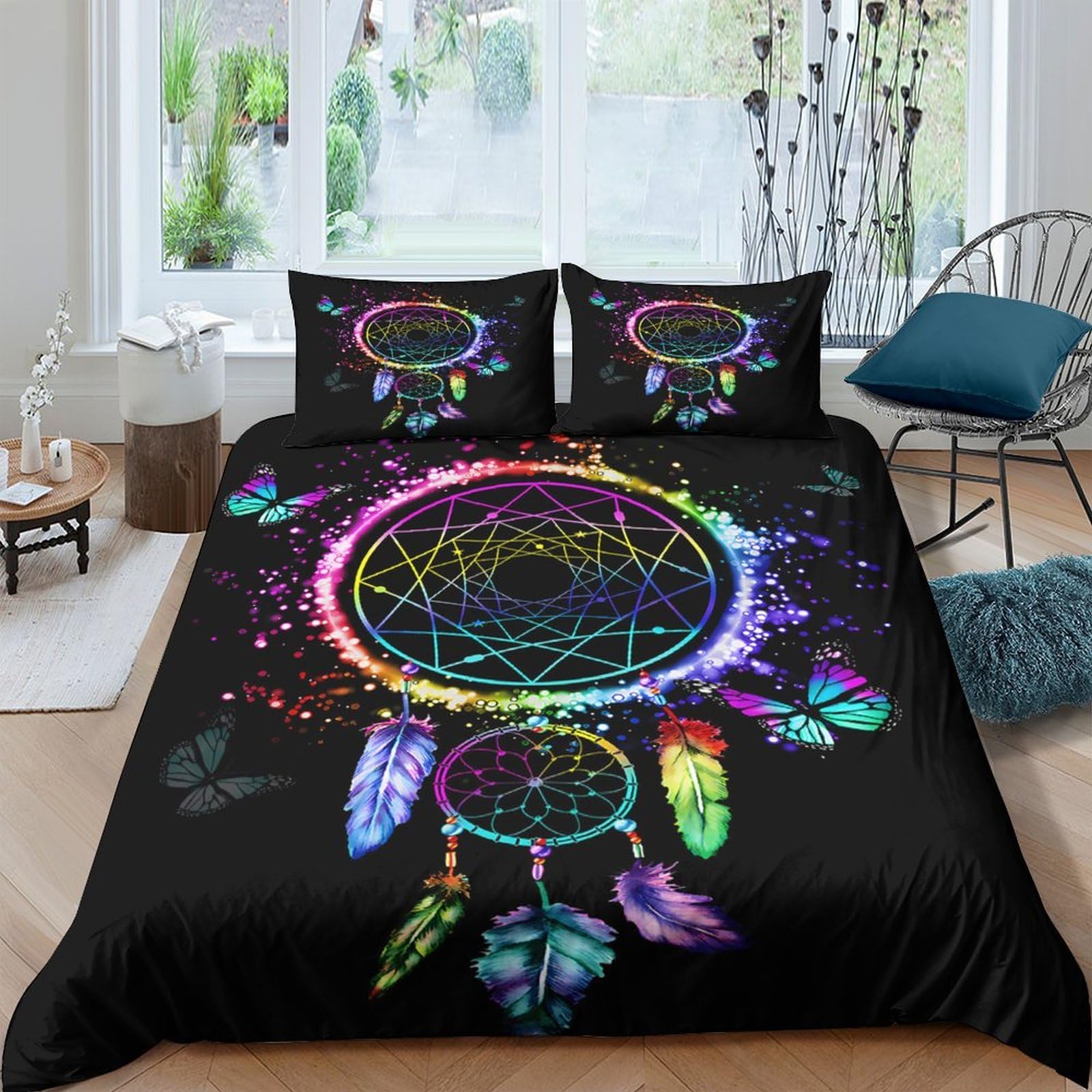Ctjqhvkz Style-2 3D Printed Dreamcatcher Fitted Sheet Microfiber Soft Black Rainbow Feather Bed Cover For Bedroom Decor Single（135X200cm）