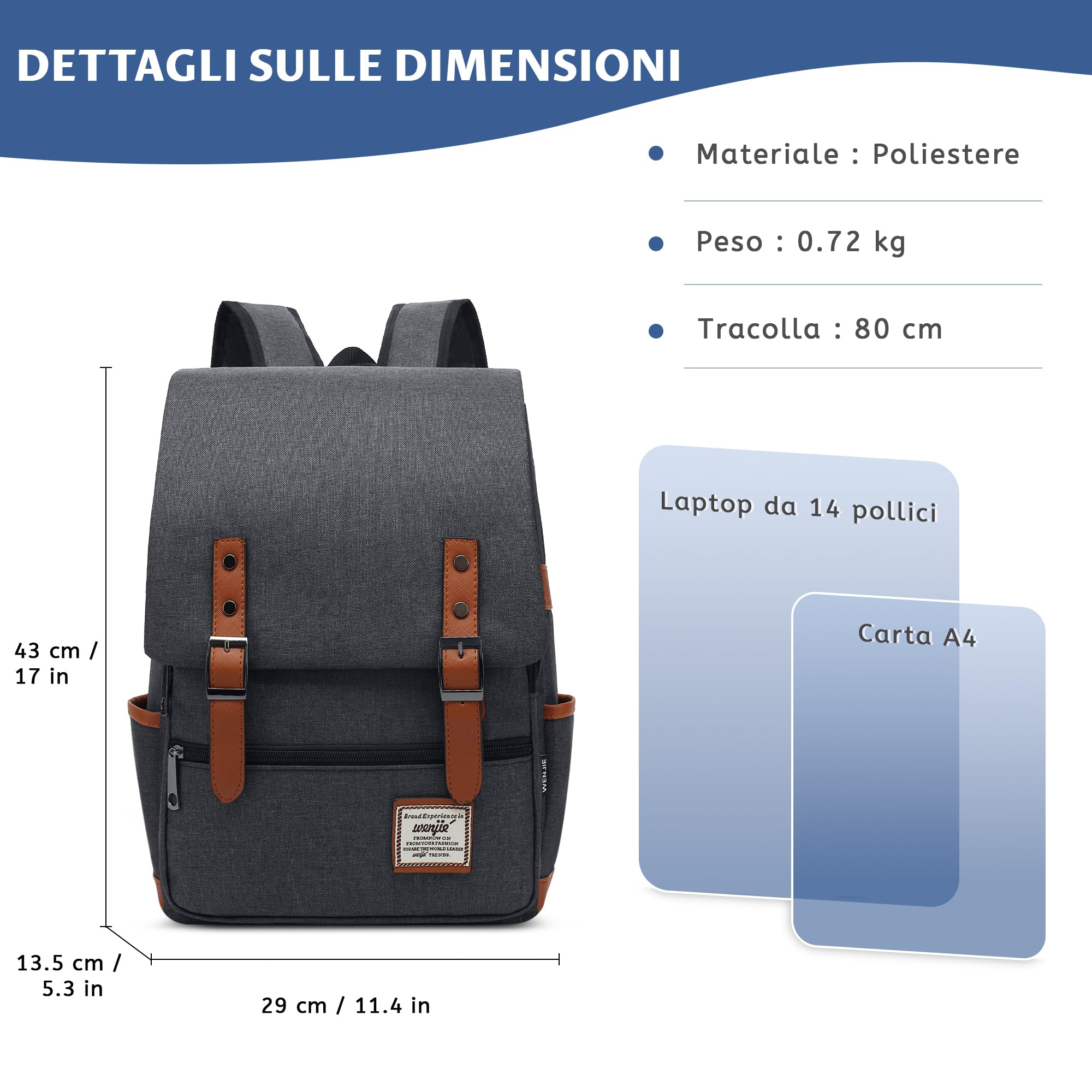 VARLIVOO Casuale Uomo Zaino Donna Zainetto 14" Laptop Borse Lavoro Viaggio Scuola Università Campeggio Antifurto Zaino Impermeabile Polyester Grigio Scuro