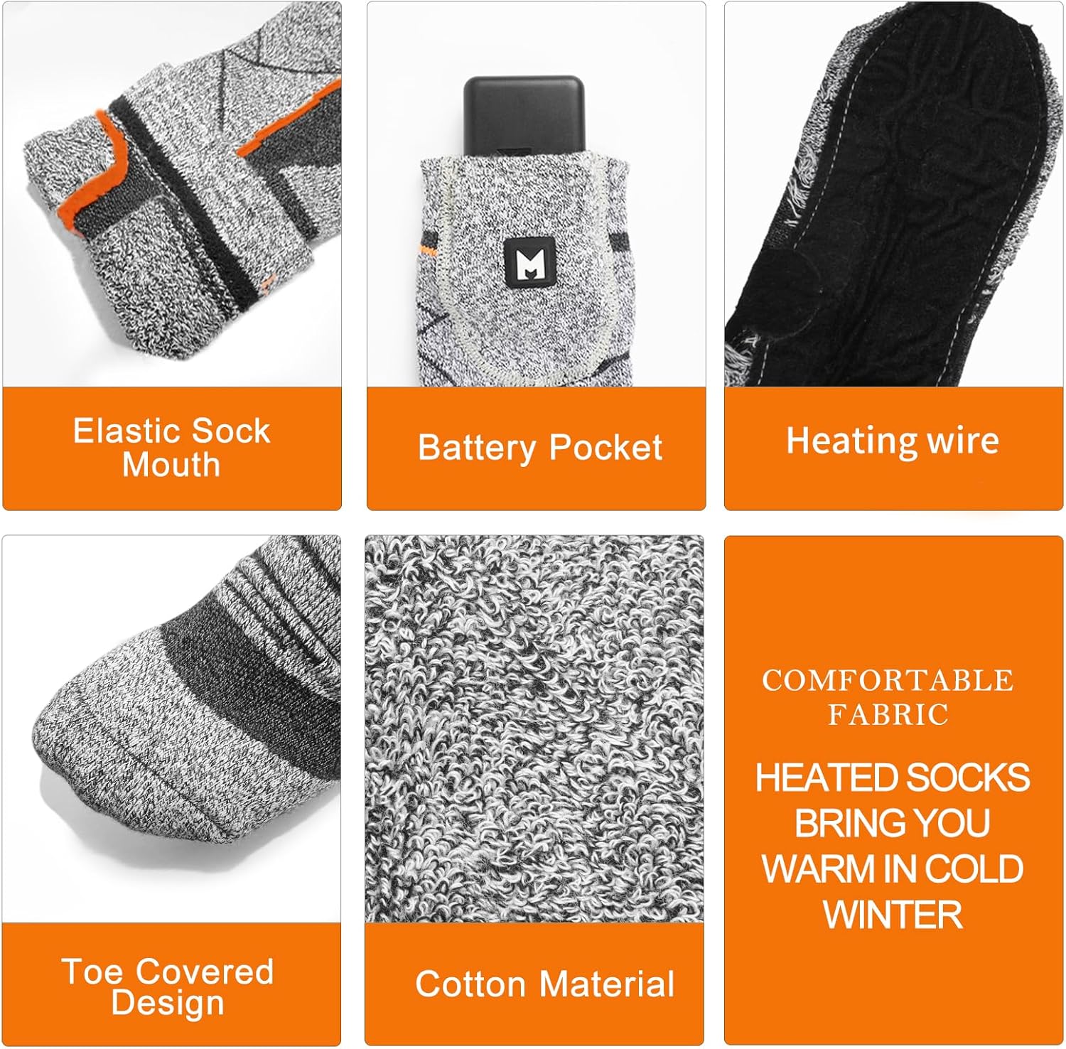 Heated Socks, 5V 6000mAh Rechargeable Heated Socks for Men & Women, Electric Socks with 3 Heating Levels for Winter, Skiing, Hunting, Camping, Hiking, Cycling, Outdoor Work
