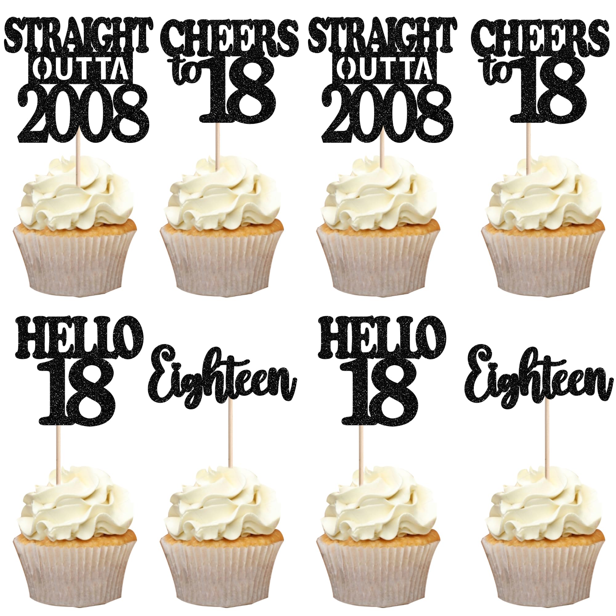 36Pcs Happy 18th Birthday Cupcake Toppers Black Glitter Straight Outta 2008 Cupcake Picks Sweet Eighteen Cheers to 18 Years Cake Decorations for 18th