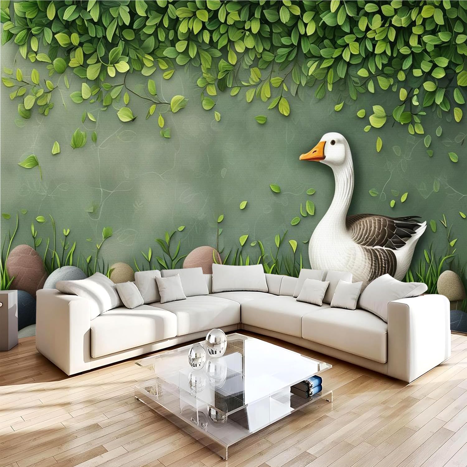 Papier Peint Panoramique 3D 400x280 cm Cailloux Plantes Vertes pour Salon