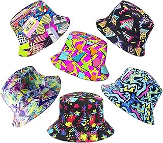 6 Pack Retro 80s 90s Bucket Hats for Men Women, Funny Retro Party Hats, Vintage Print Fisherman Hats for Disco Hip hop Party, Unisex Reversible Portable Hat Outdoor Fashion Sun Cap