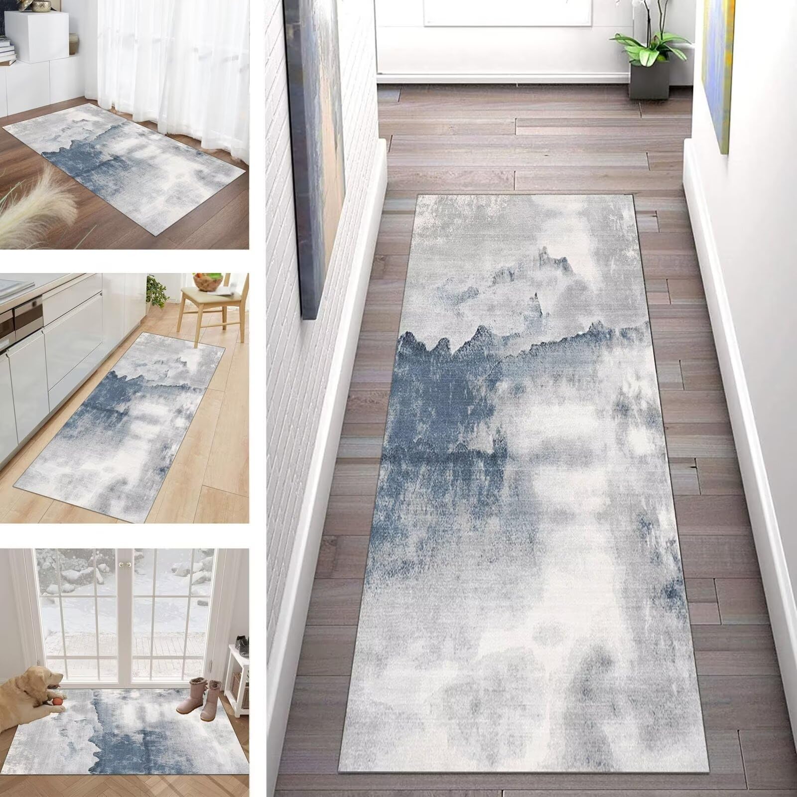 Tapis de cuisine antidérapant et lavable gris et bleu au mètre
