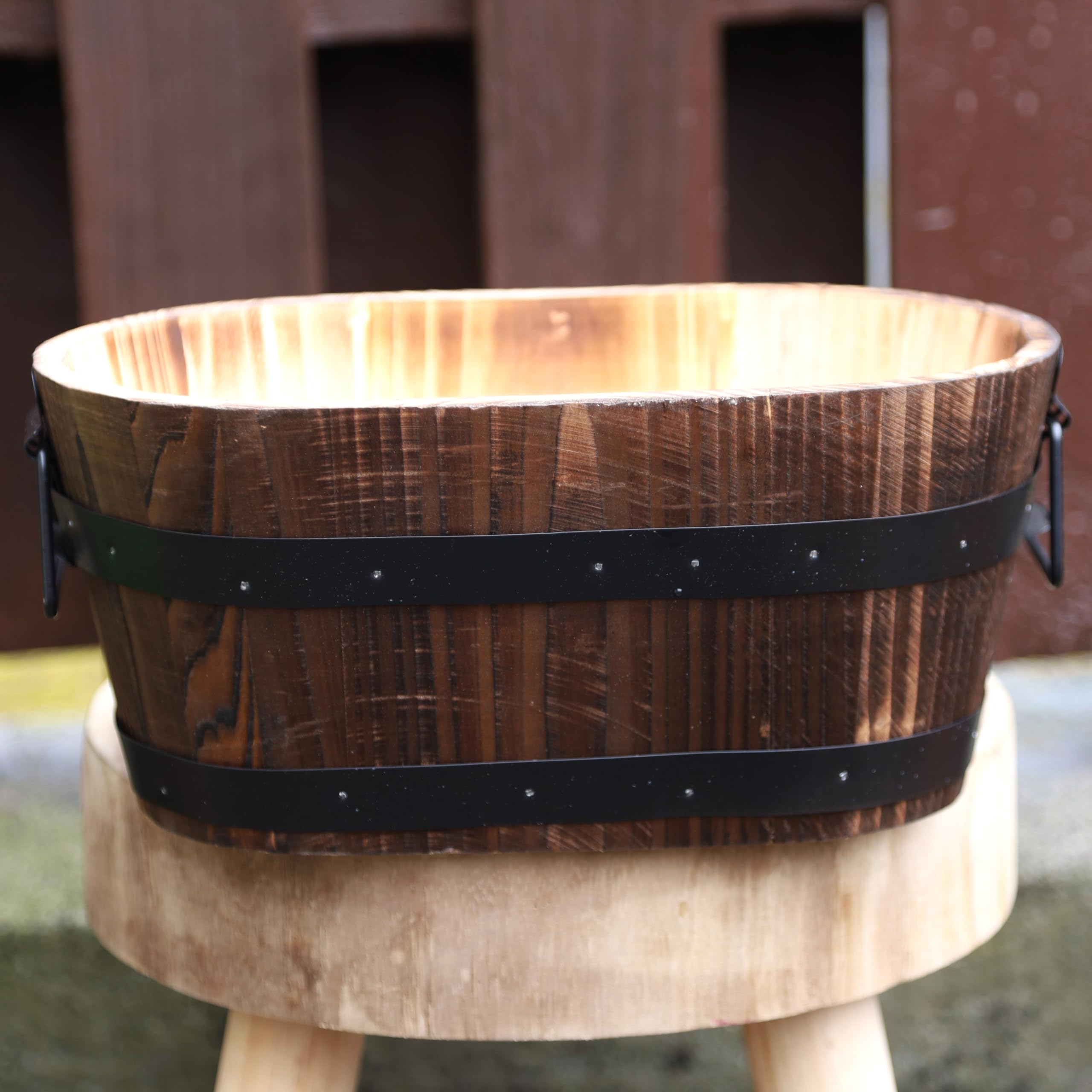 Fyne-Finds Oval Wooden Whiskey Barrel Container Planter 30cm, 12inch Home Garden Pot with Metal Handles Band Outdoor Weatherproof DrainageHoles (1)