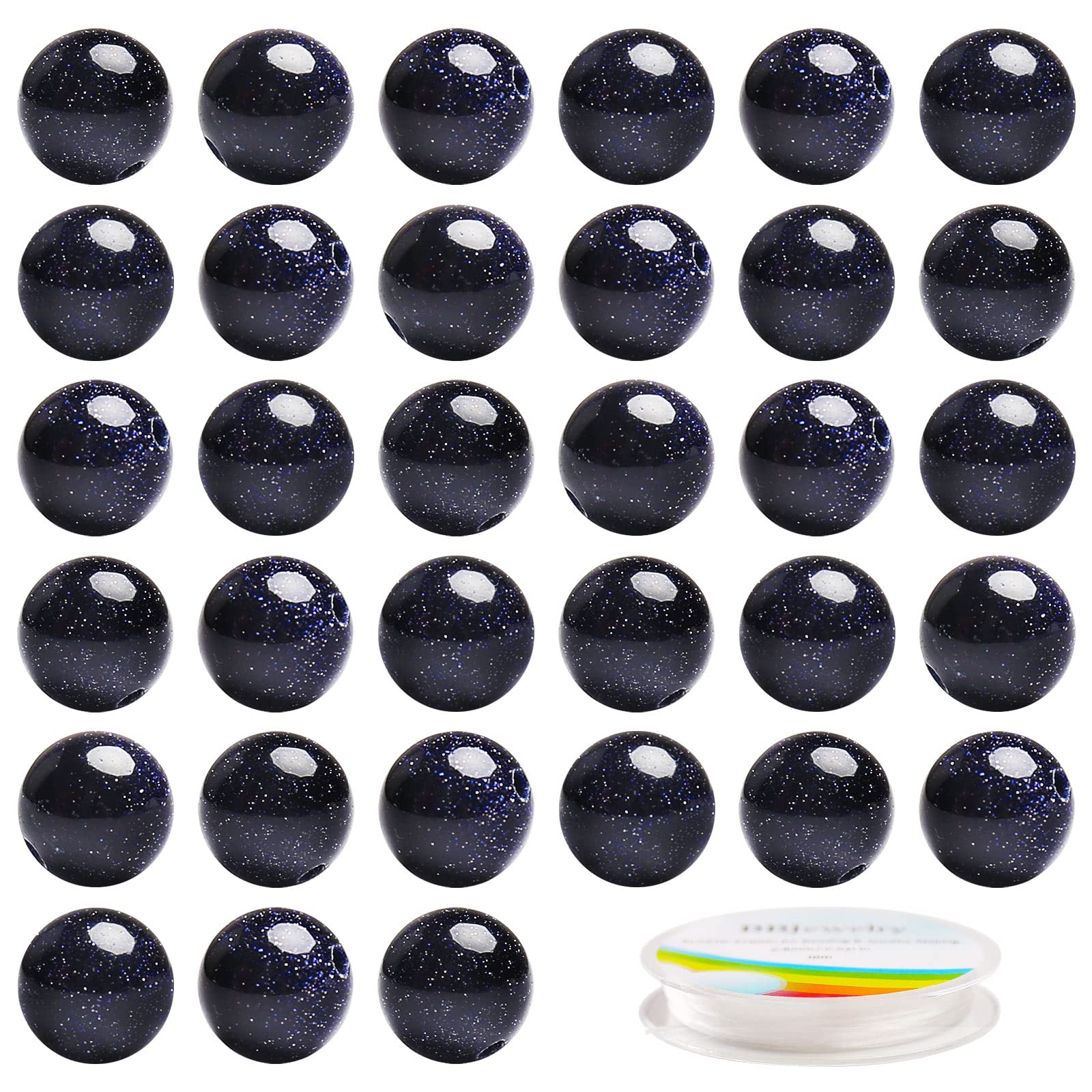 38 PCS Gemstone Round Loose Beads with Free Elastic String & Scissor, Natural 10mm Healing Blue Sandstone with Stretch Cord for Jewelry Making
