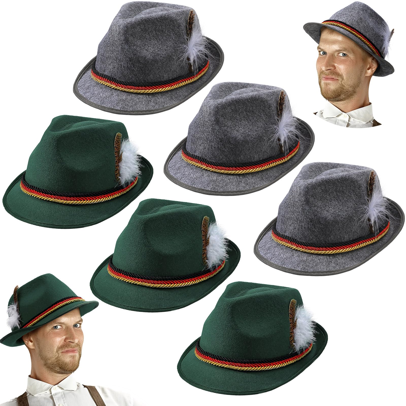 Funtery 6 Pieces Felt Bavarian Oktoberfest Hat Oktoberfest German Hats for Adults Unisex Party(Dark Green, Dark Gray)