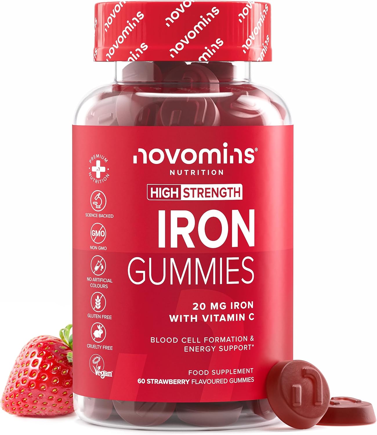 Iron Gummies with Vitamin C – 1-Month Supply – 20mg High Strength Alternative to Iron Tablets & Drops – Supplements for Women & Men – Immune System & Energy Booster – Novomins
