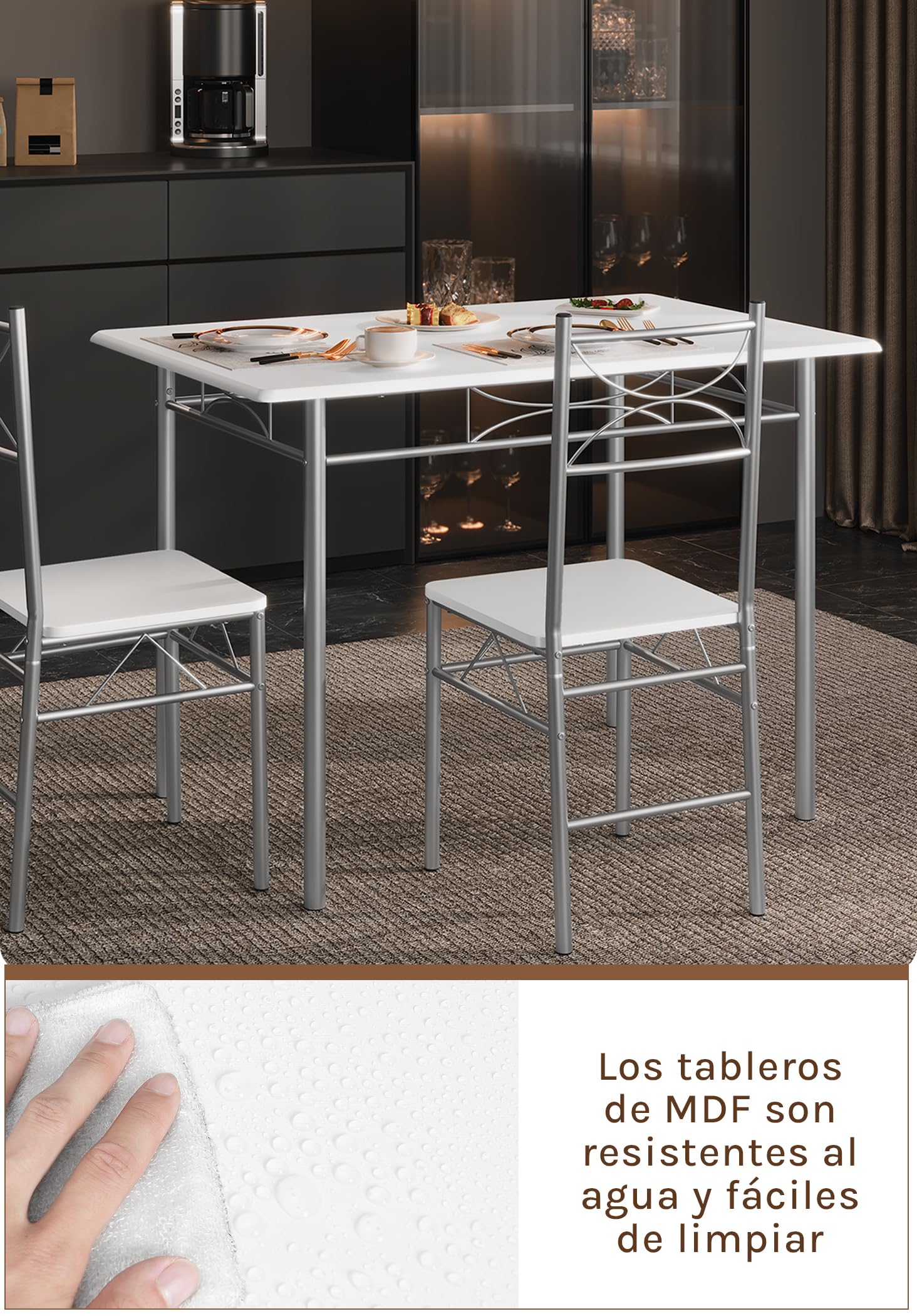 WOLTU Mesa y Sillas Comedor para 4 Personas, Mesa Cocina de Madera, Juego de Muebles de Comedor, Madera MDF y Metal, Blanco + Plata