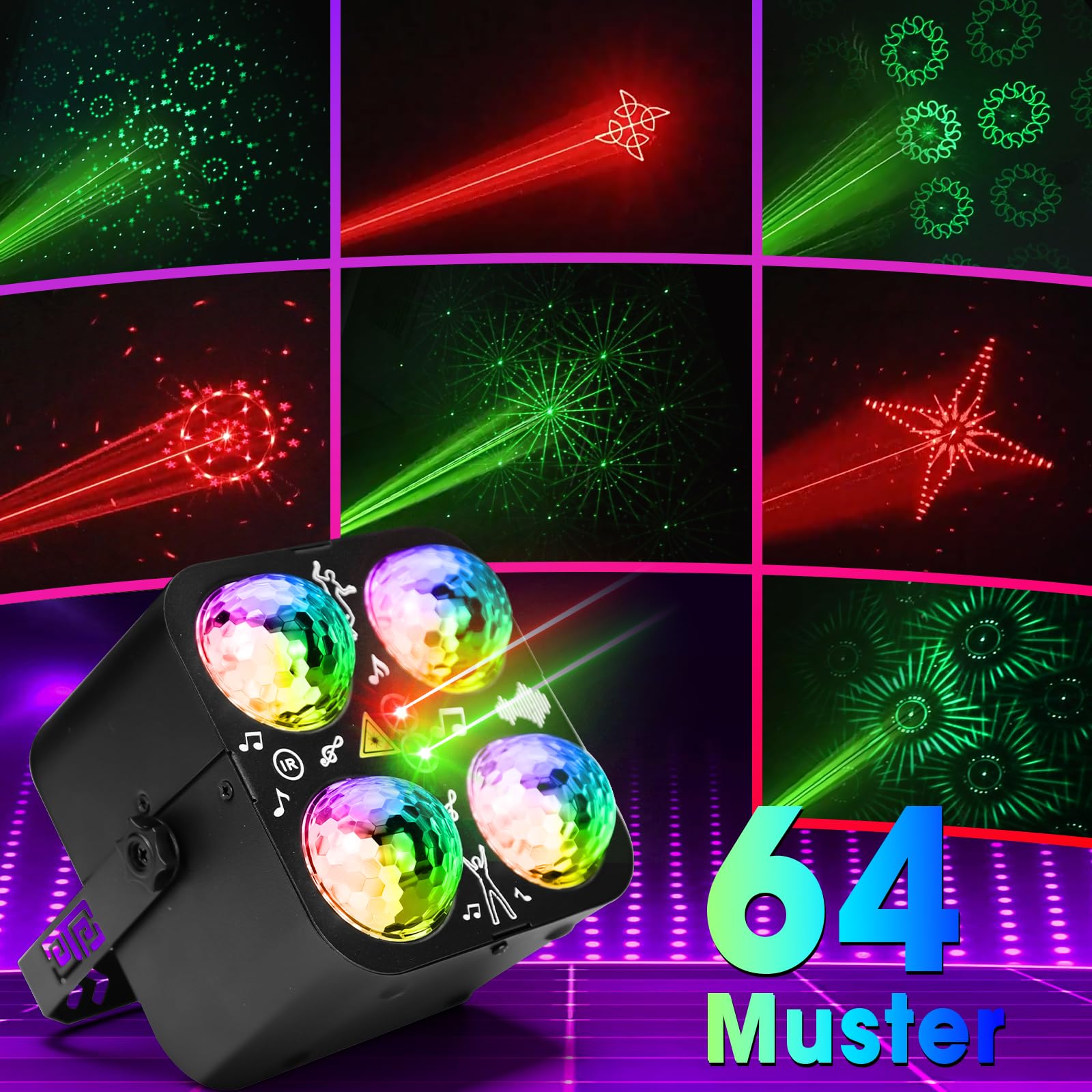 Discolichter für Partys, 3 Modi: Tonaktiviert/Fernbedienung/Auto, mit 4 Discokugeln und 2 Hauptlichtern, 64 Muster, ideal für Zuhause, Geburtstage, Karaoke, Tanzen, Bars, KTV, Clubs