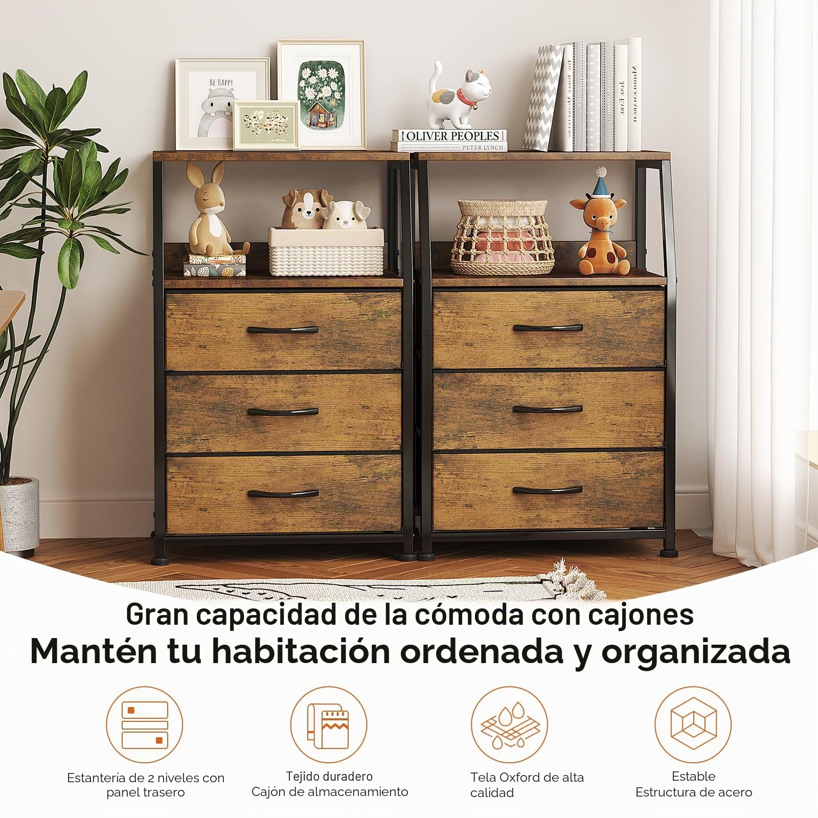 CAIYUN Cómoda, mesita de noche, mesa auxiliar, cómoda con 3 cajones, cómoda para dormitorio, armario, armario de almacenamiento Fácil de montar, estable (Marrón rústico, 3 capas)